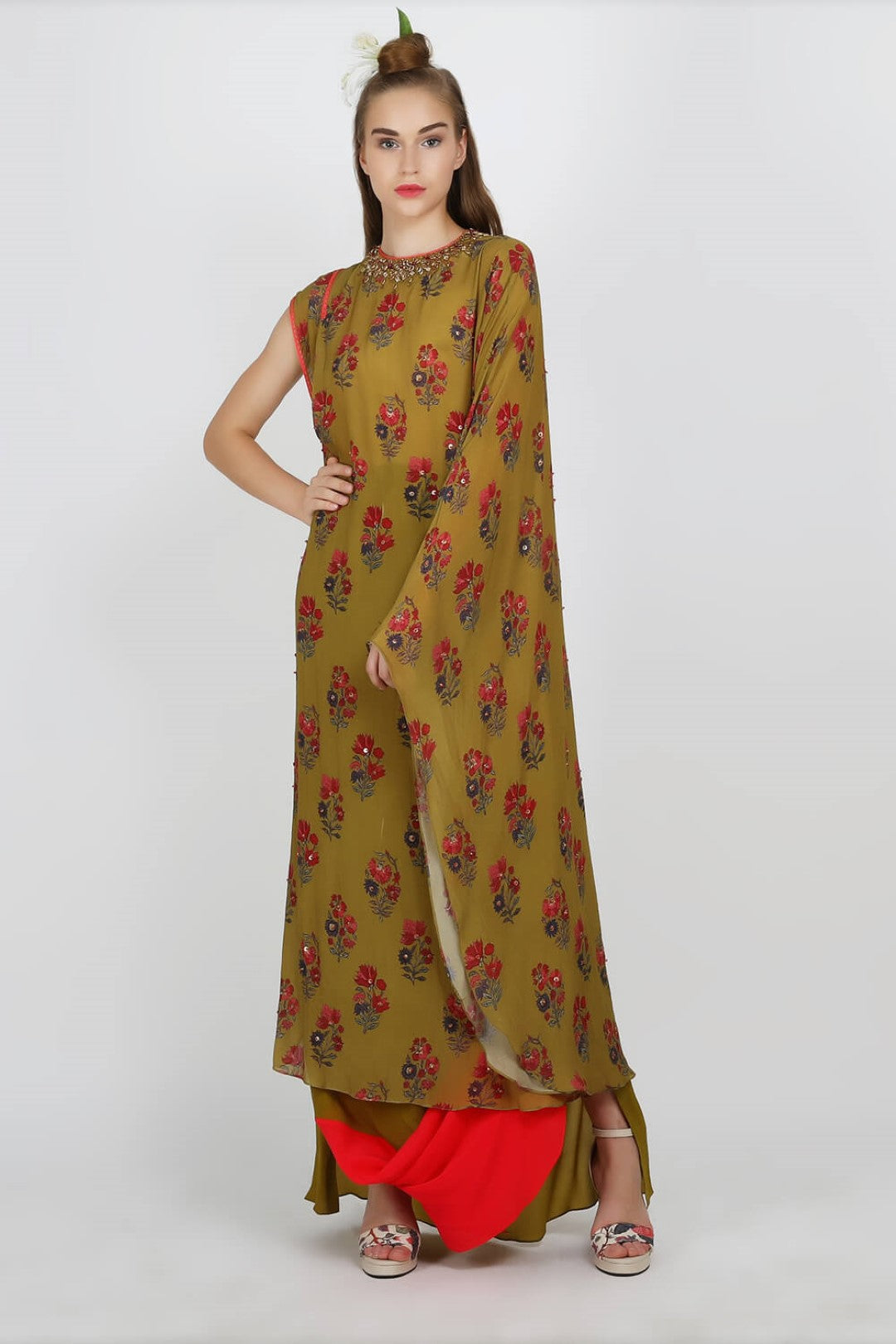 crepe one shoulder tunic with crepe cowl skirt