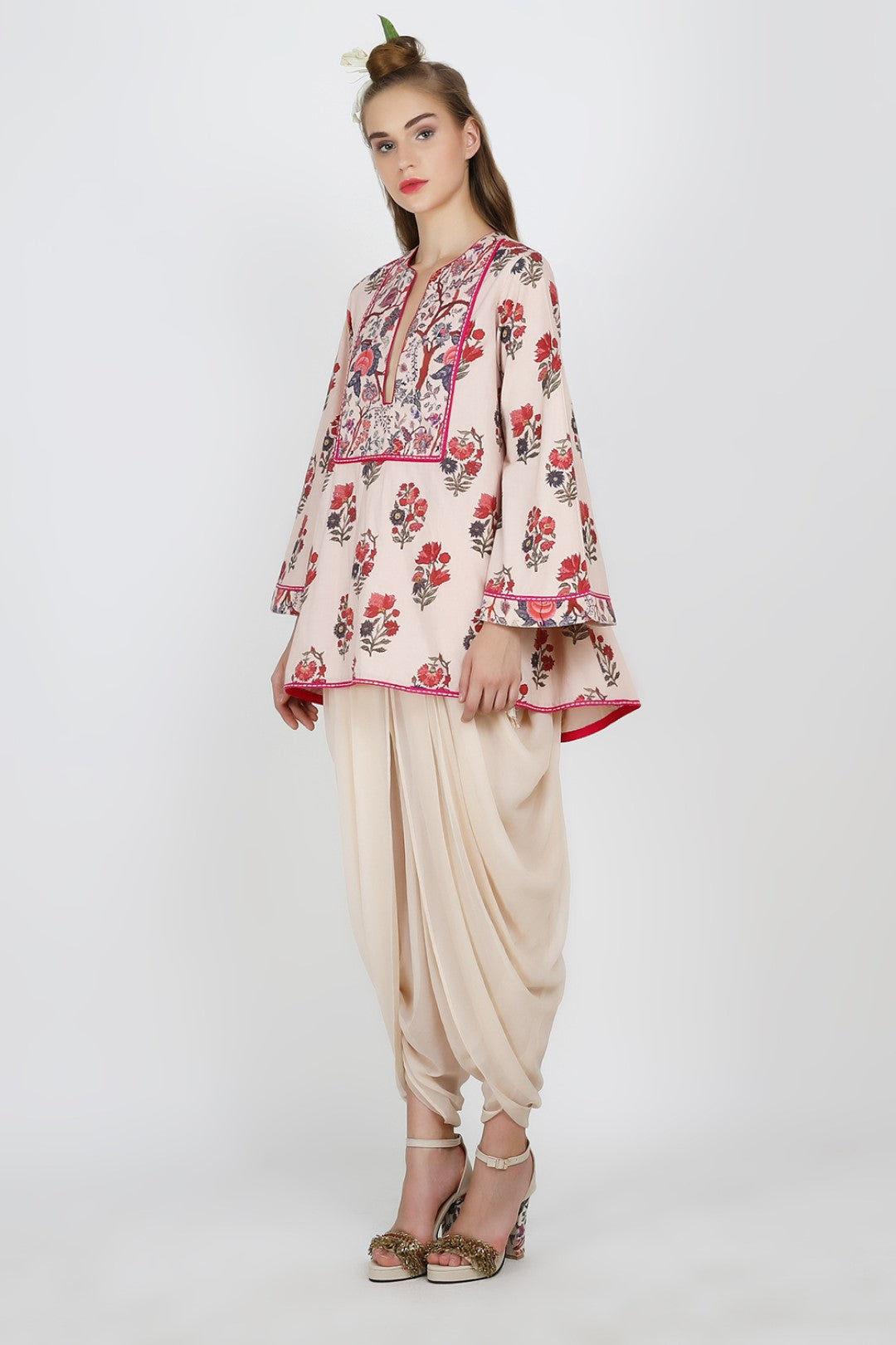 "  printed poplin top paired with georgette dhoti pants.  "