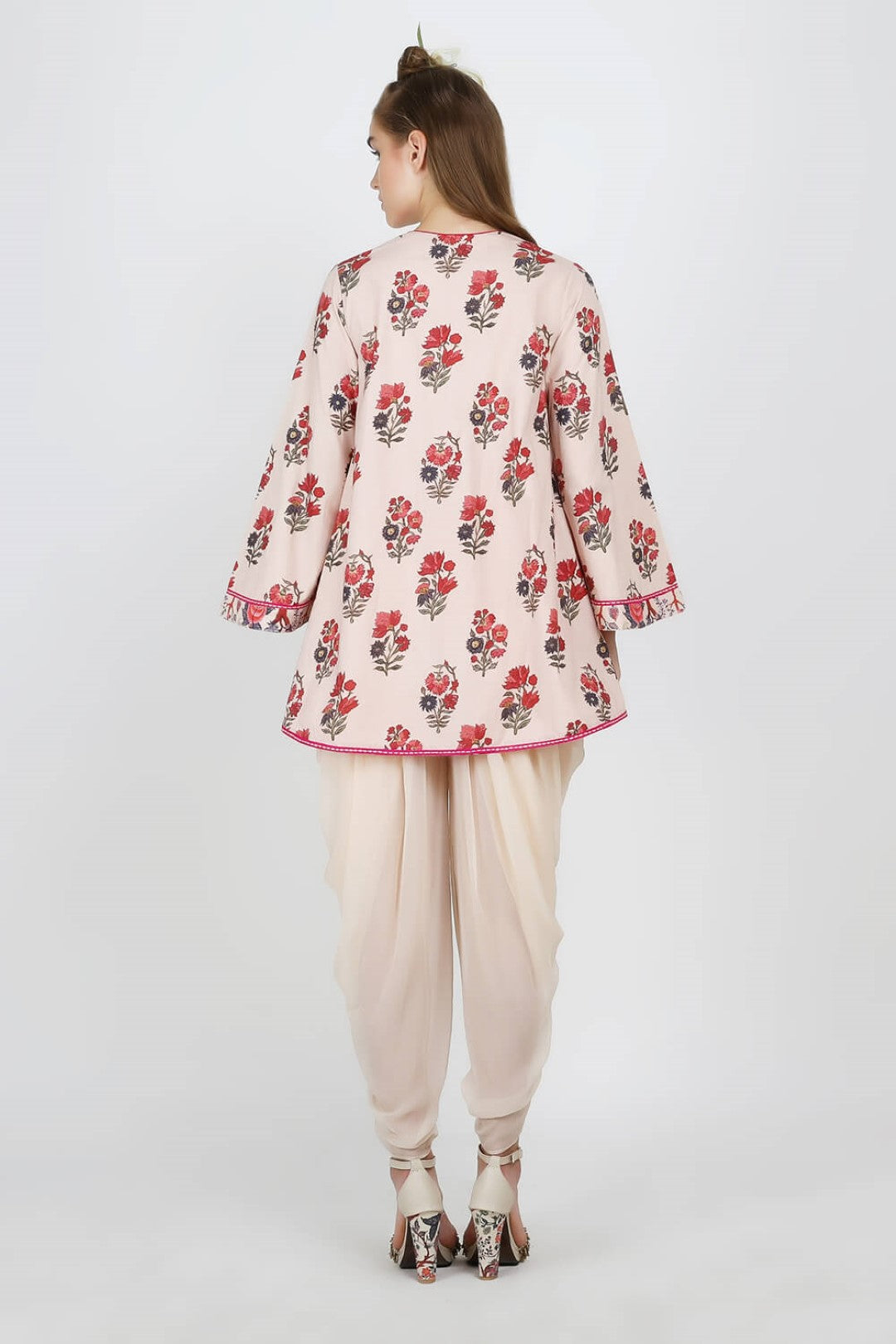 "  printed poplin top paired with georgette dhoti pants.  "