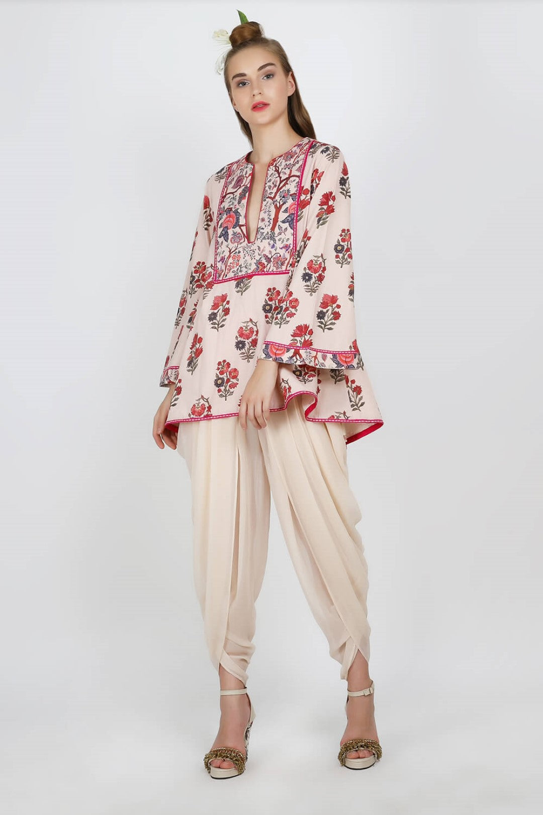 "  printed poplin top paired with georgette dhoti pants.  "