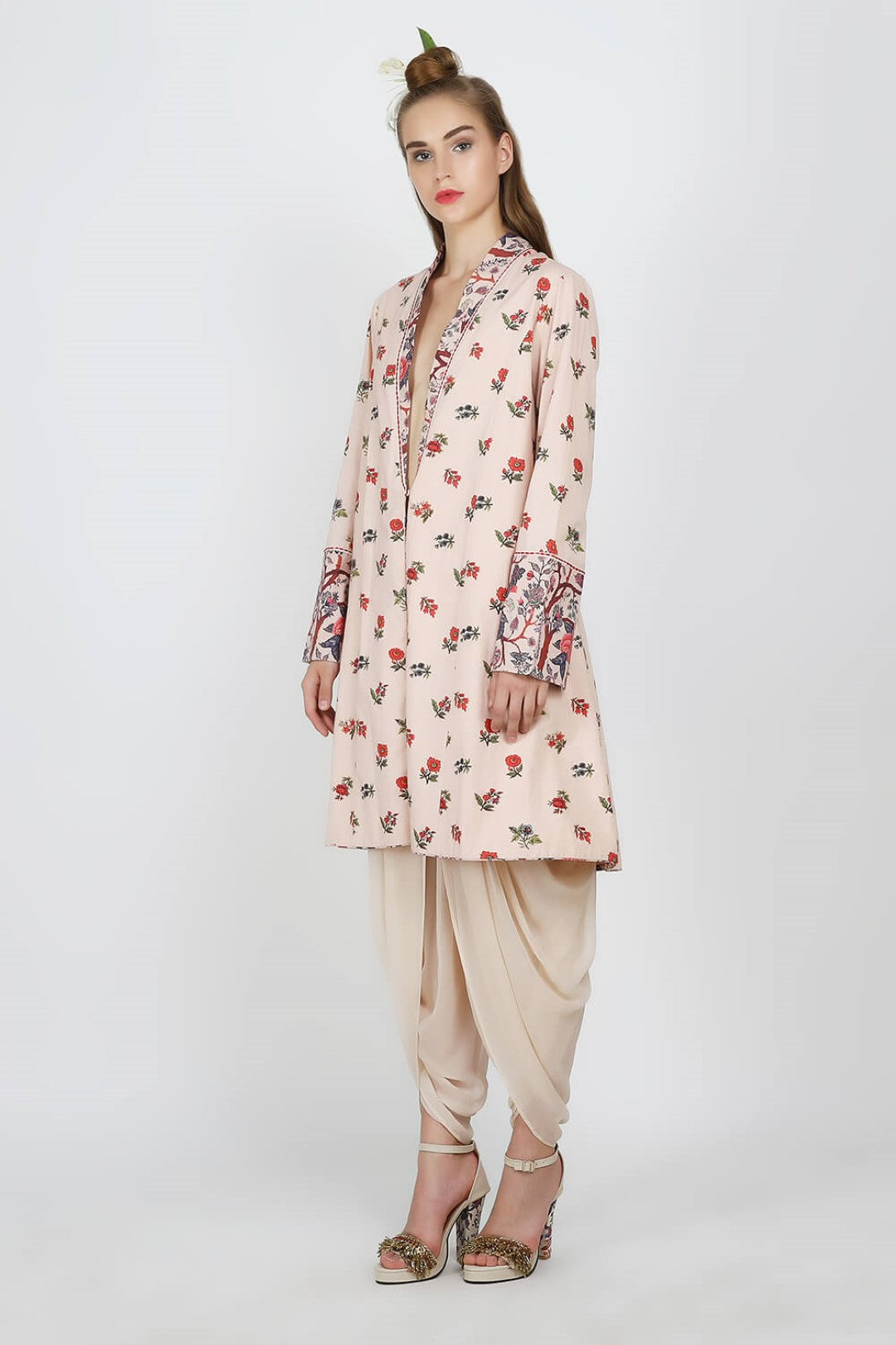 printed jacket with georgette cowl dhoti