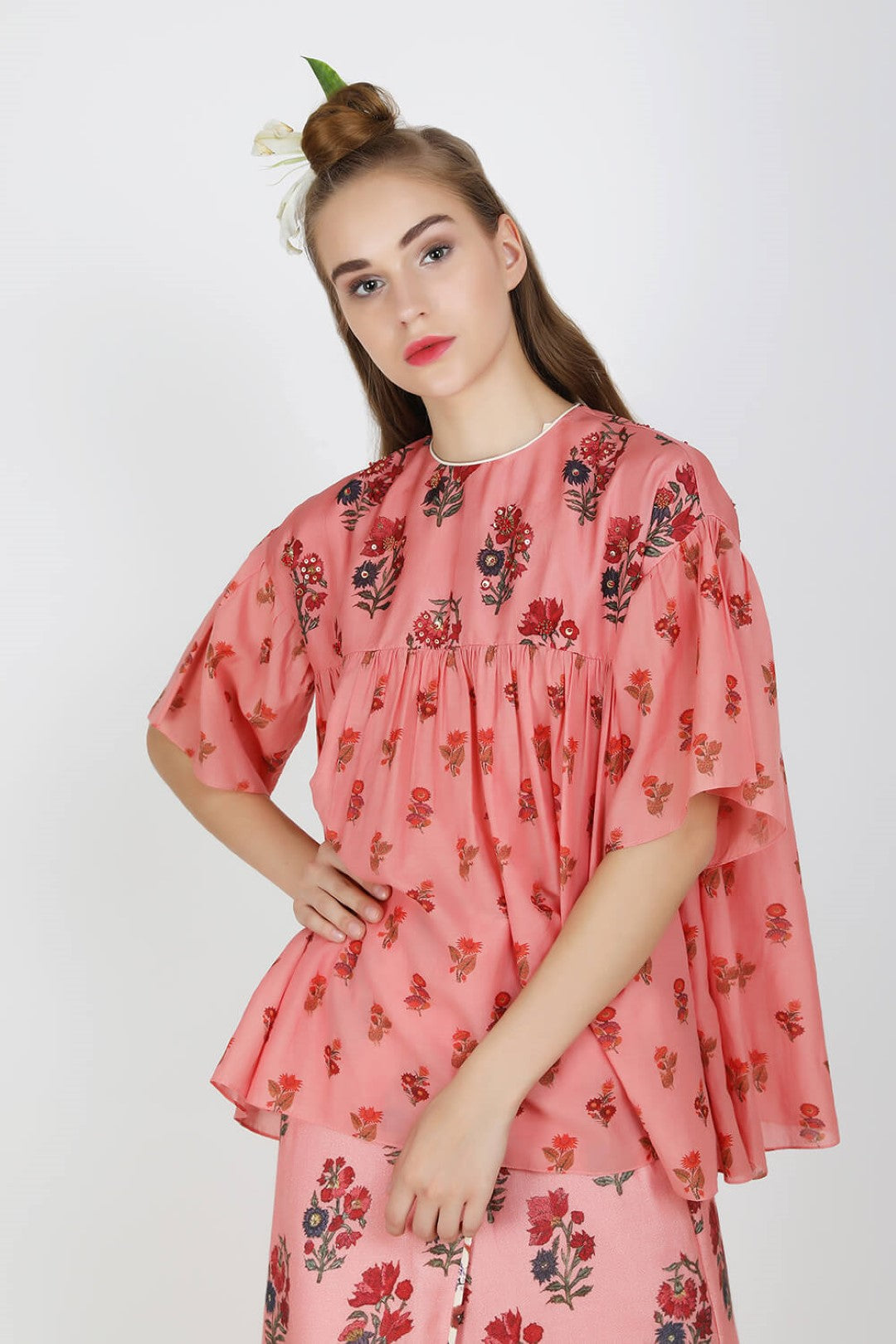 printed cotton silk top  paired with rayon moss wrap skirt.