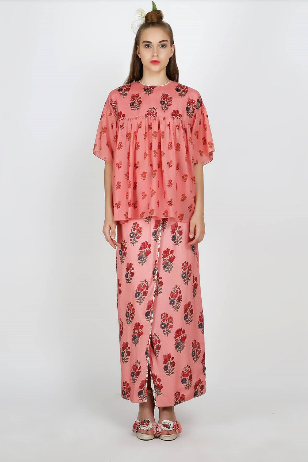 printed cotton silk top  paired with rayon moss wrap skirt.