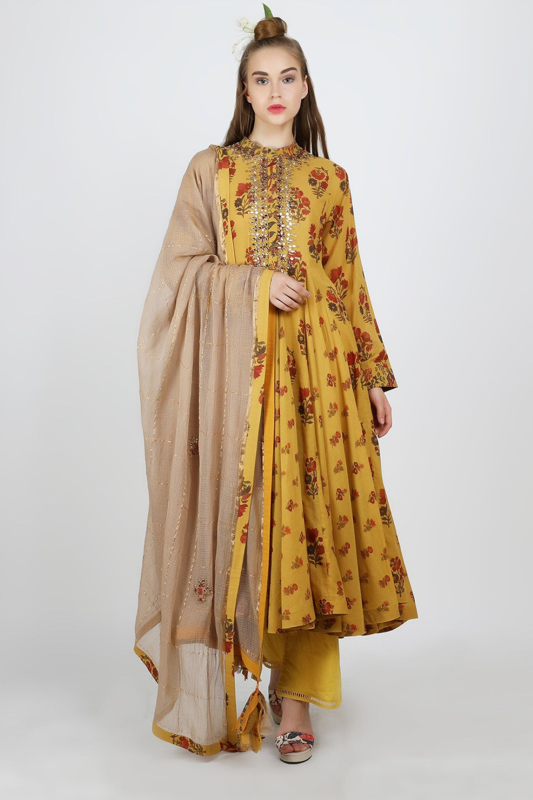 kali kurta with cotton straight pants kota doria dupatta