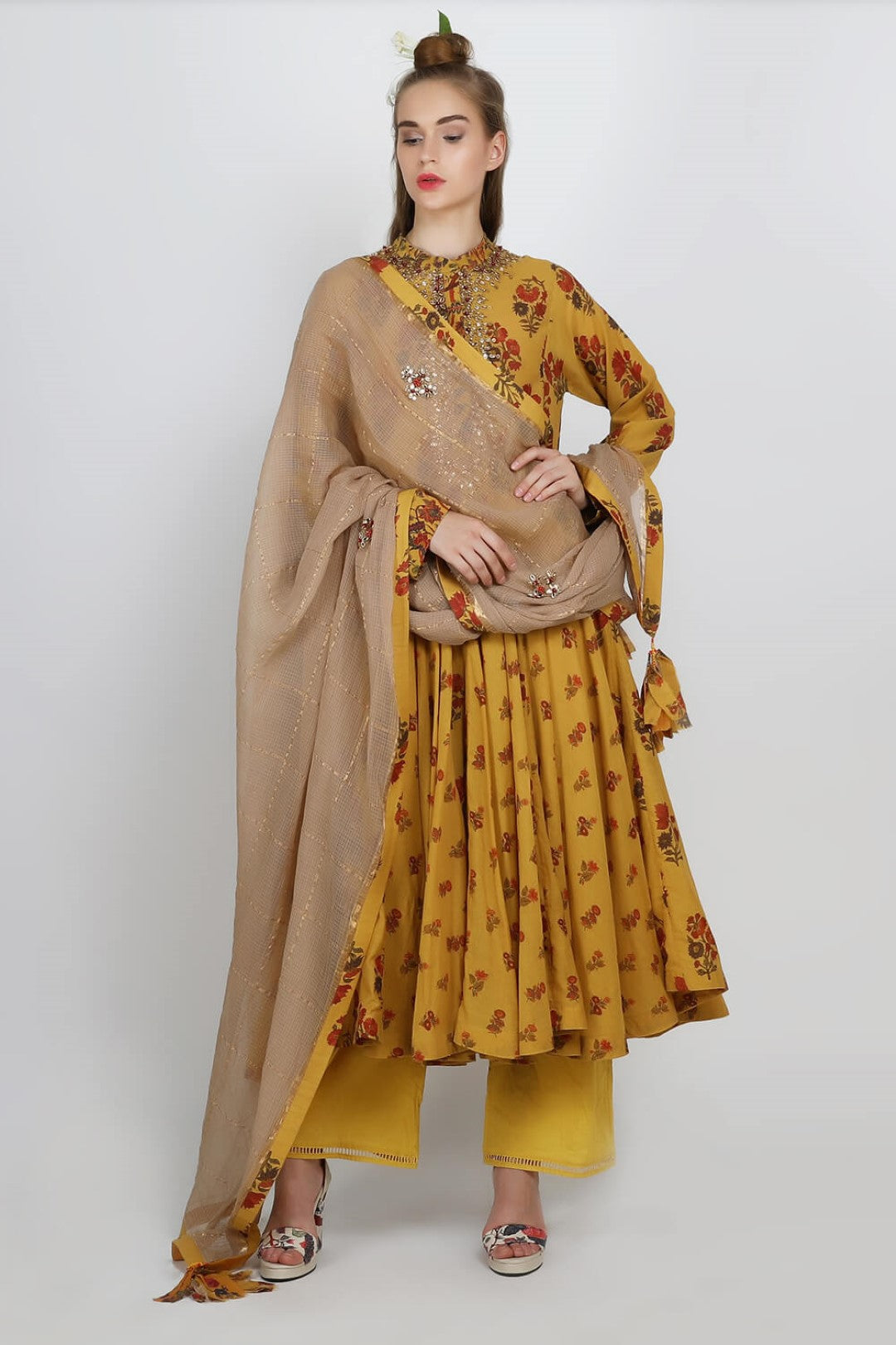 kali kurta with cotton straight pants kota doria dupatta