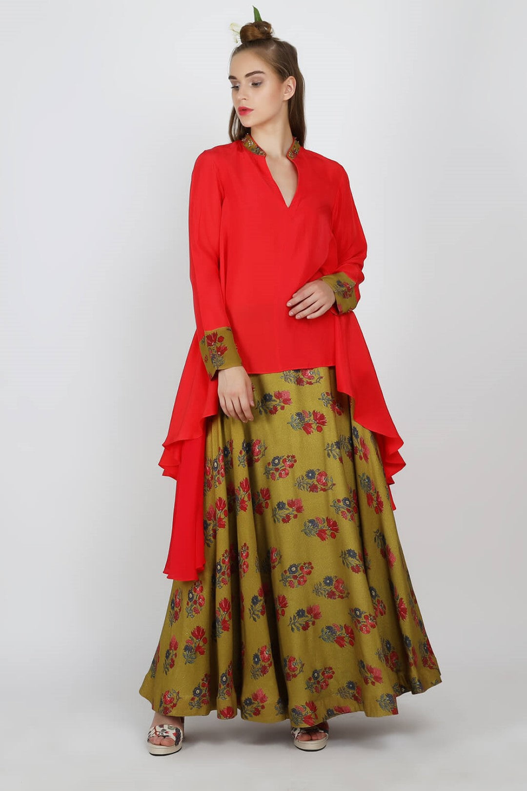 asymmetric tunic with olive printed rayon moss skirt