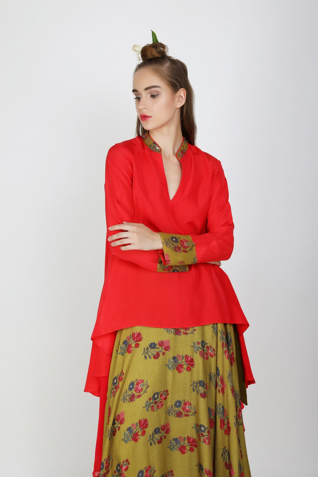 asymmetric tunic with olive printed rayon moss skirt