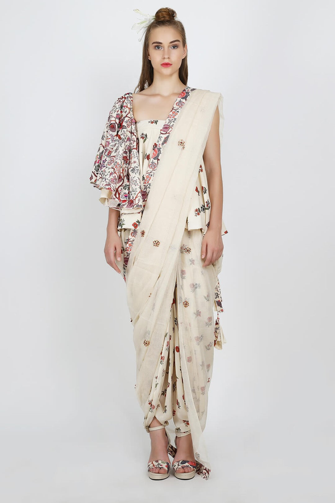 one shoulder printed blouse with  cowl dhoti and dupatta