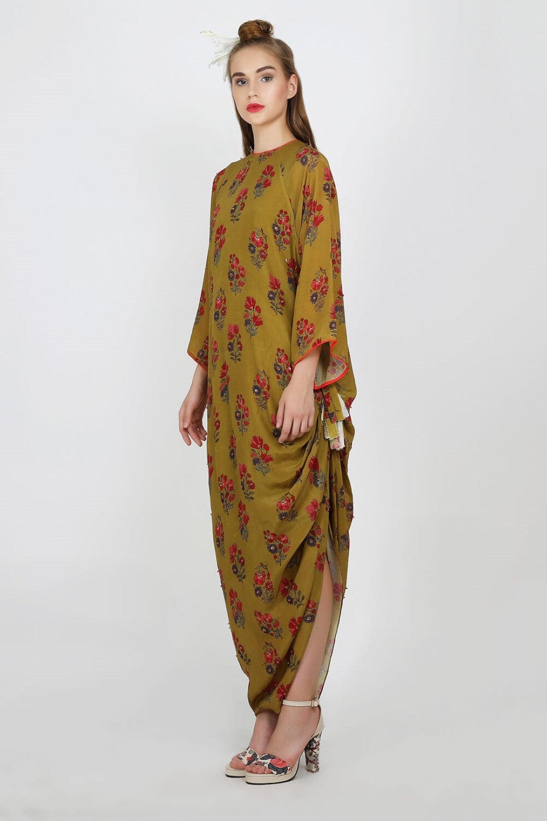 olive jaipuri guldasta embellished rouched long dress