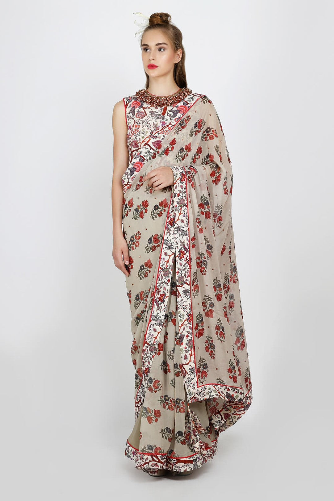 silk blouse with printed georgette saree