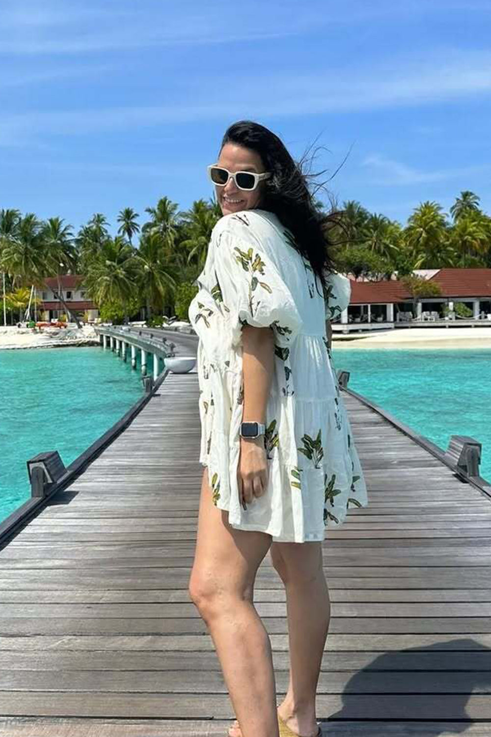 NEHA DHUPIA In Off-White Hand painted Banana Tree Print Tier Short Dress