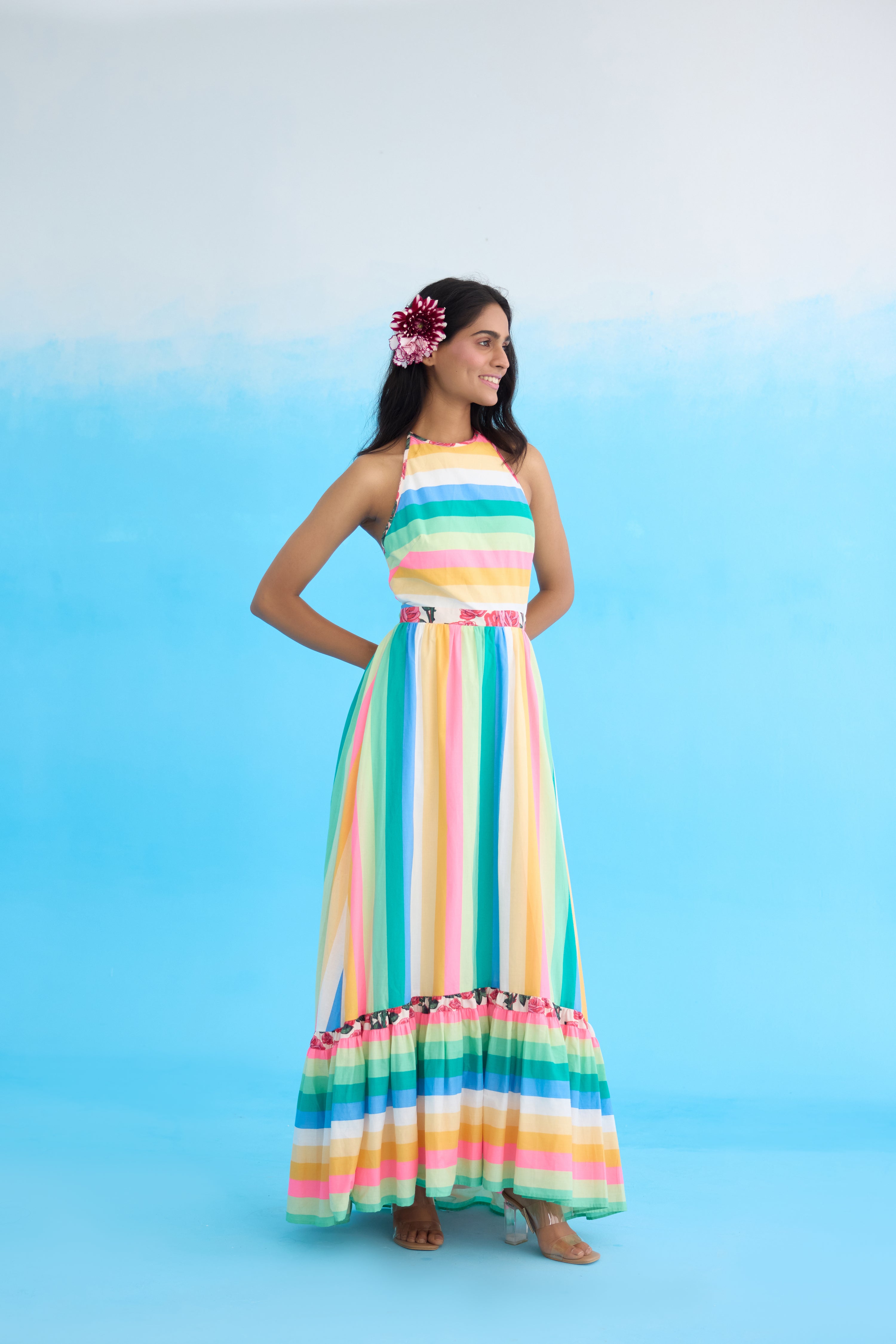Rainbow stripes halter maxi dress