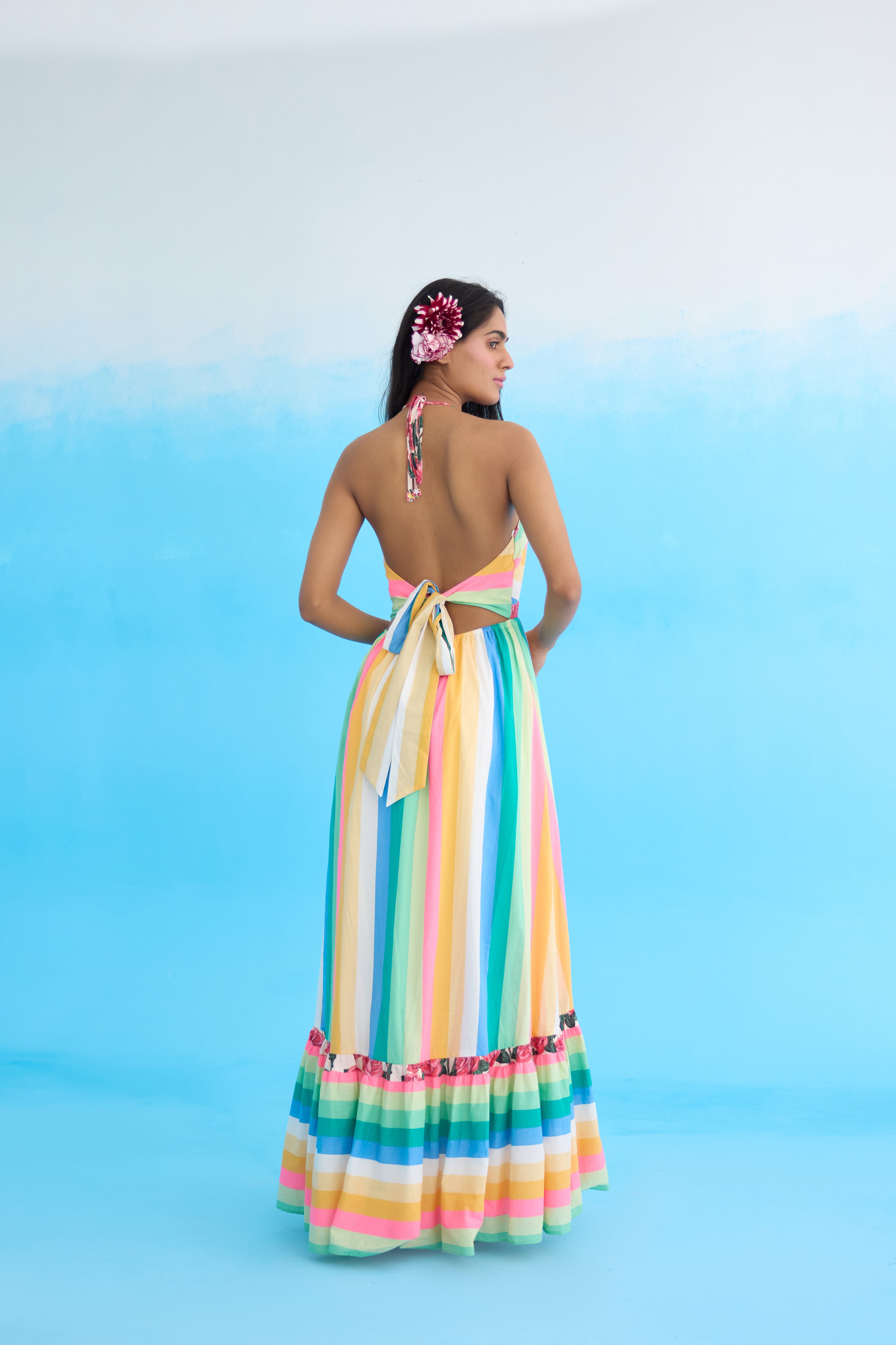 Rainbow stripes halter maxi dress