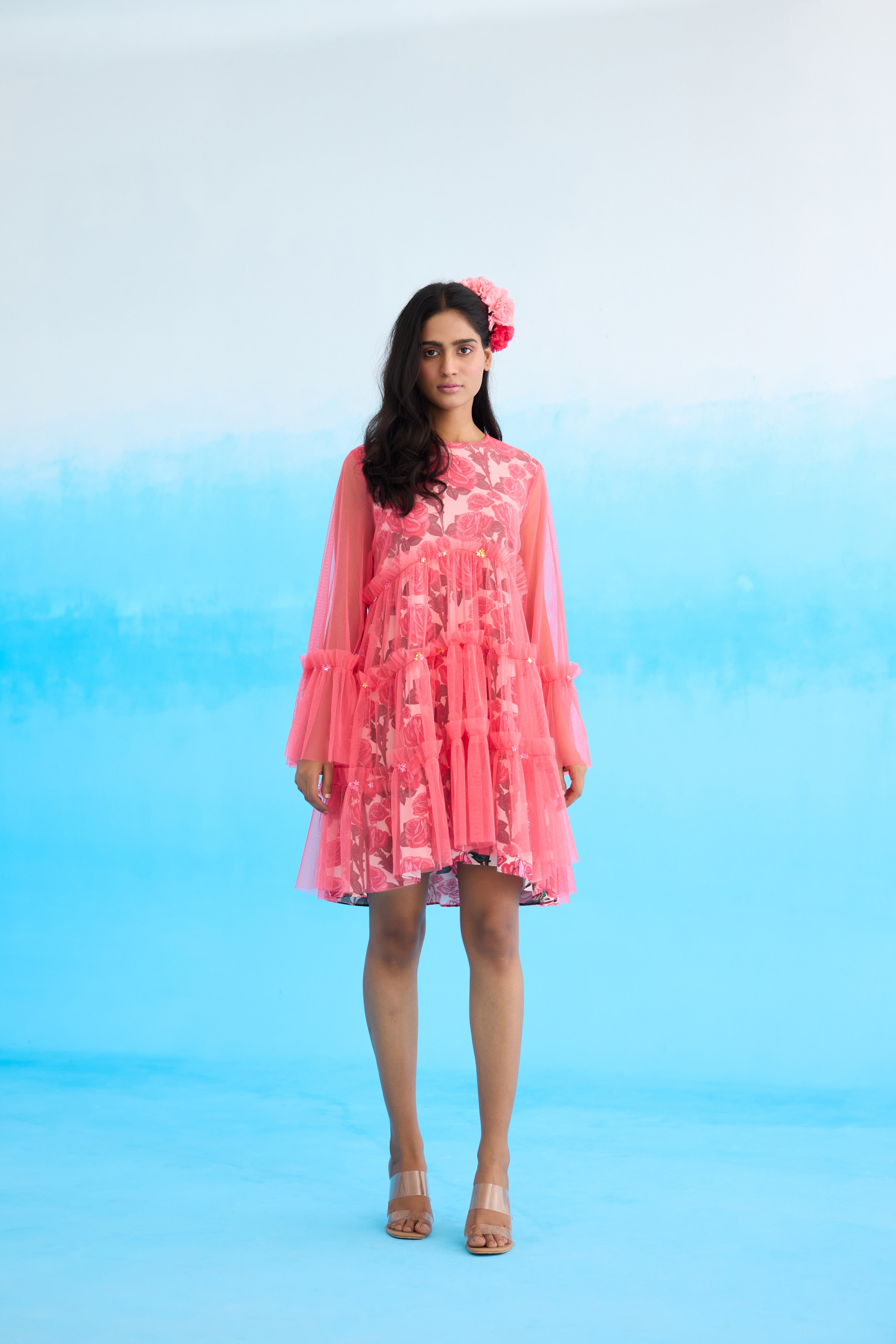 Mithai pink rose printed mini tier dress