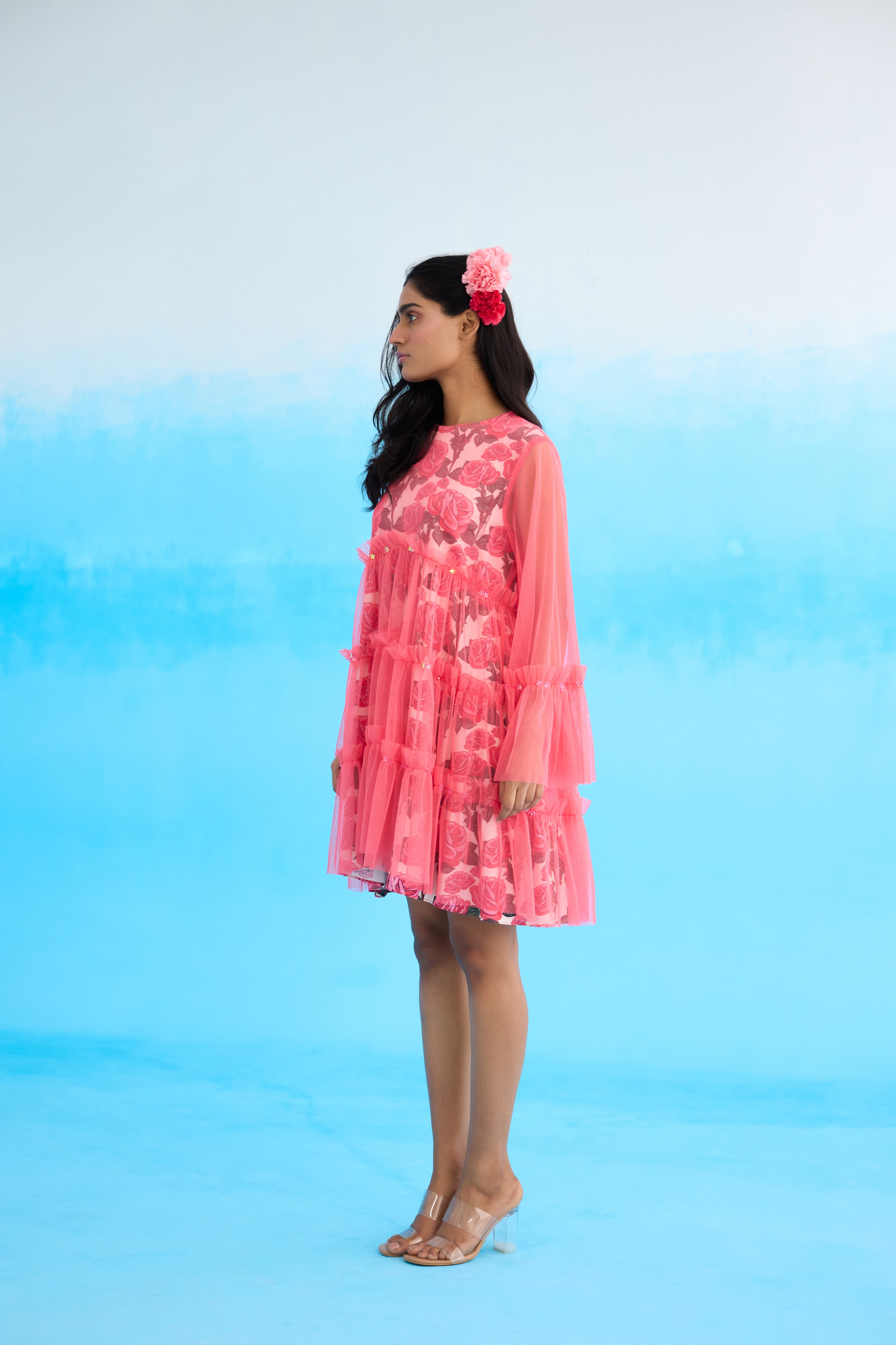 Mithai pink rose printed mini tier dress