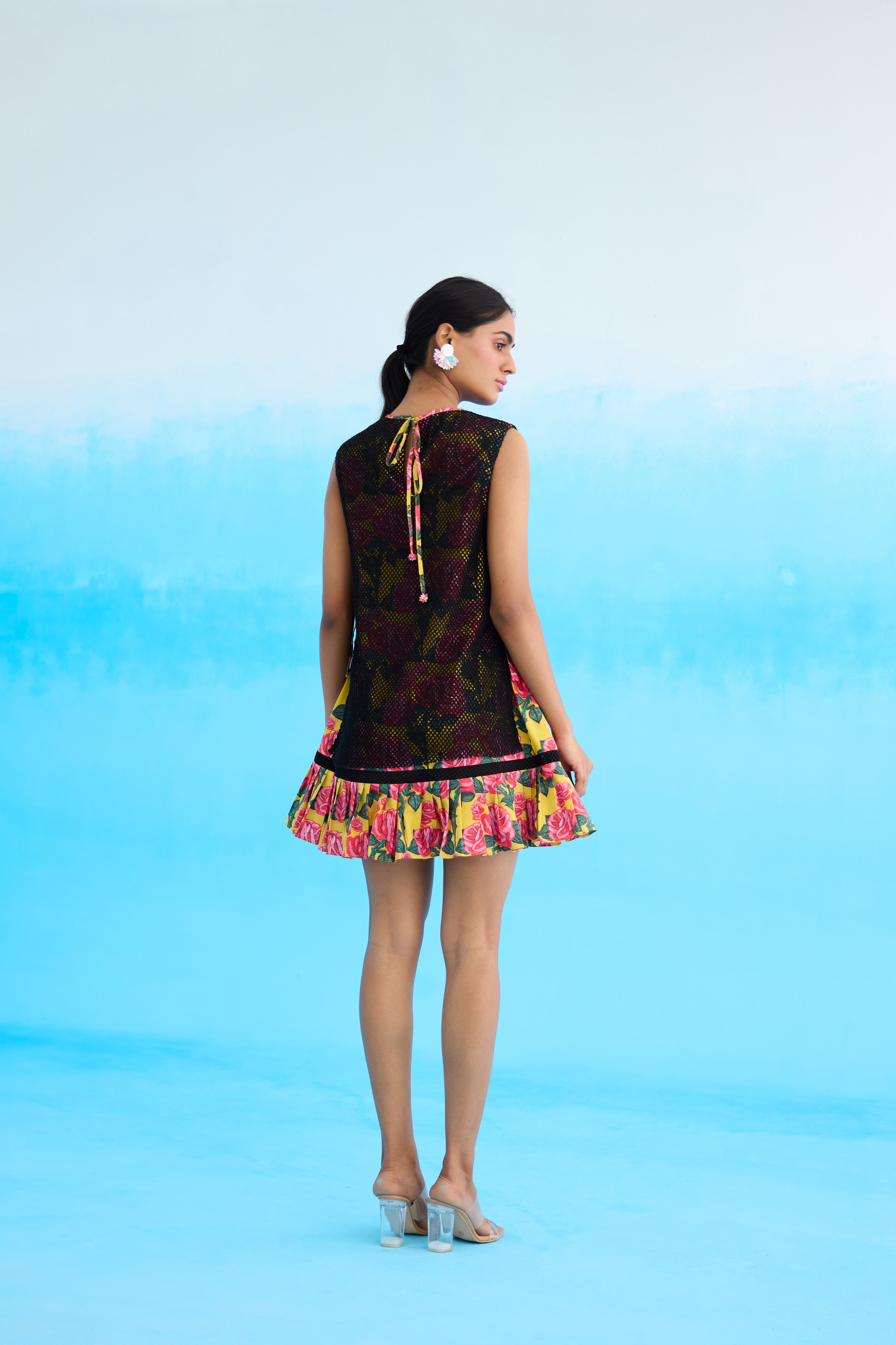 Black rose printed mini dress