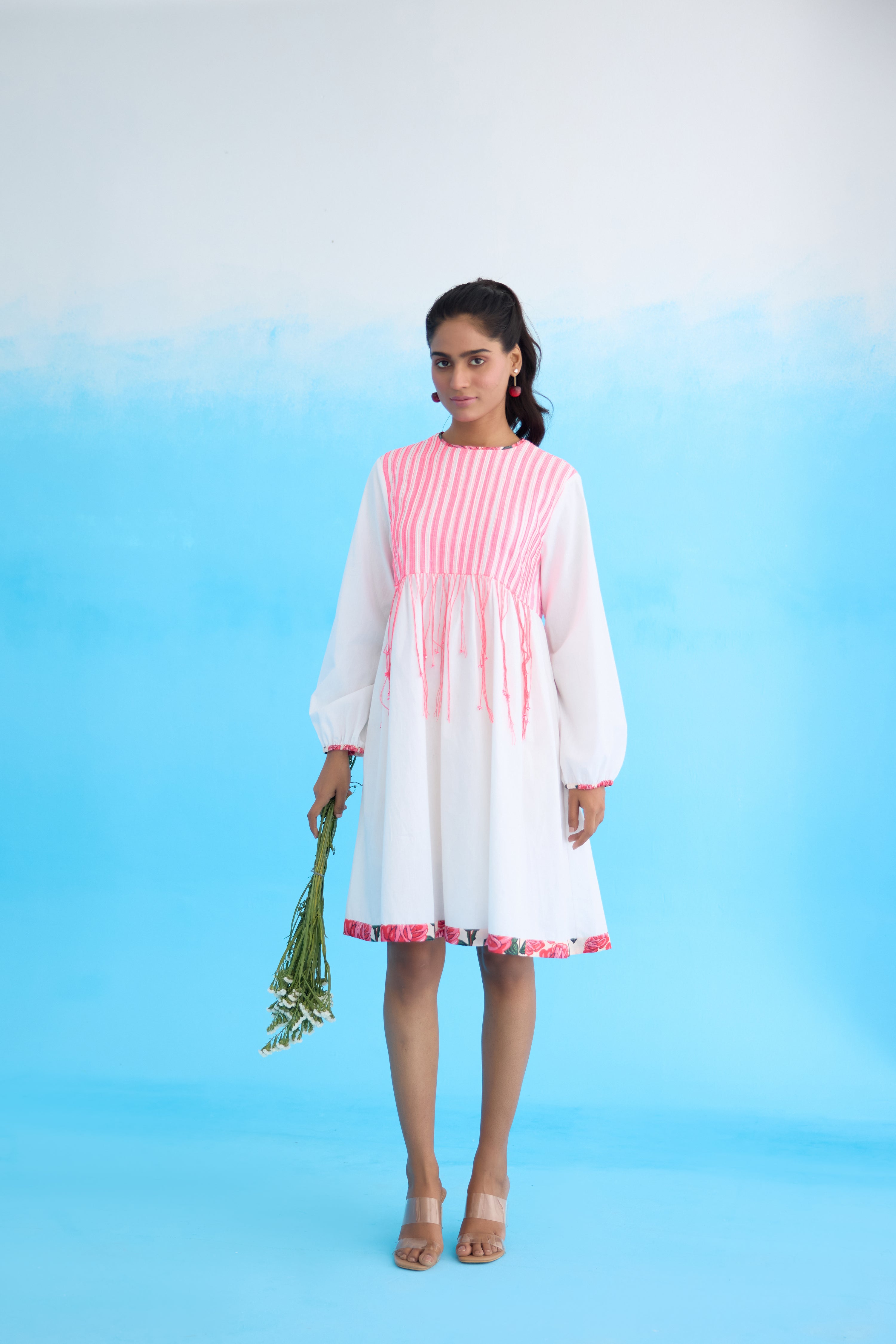 White candy stripes pintuck shift dress