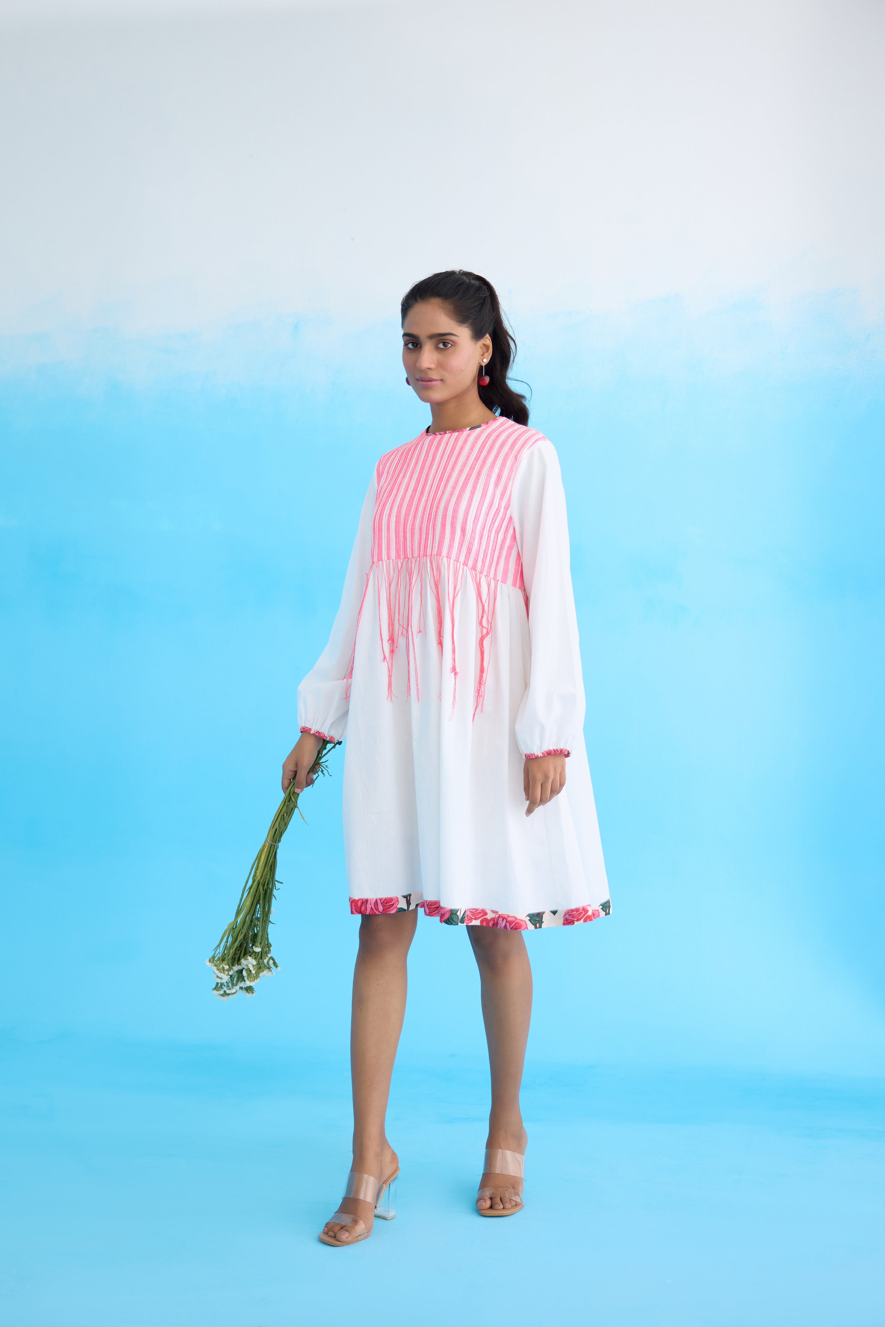 White candy stripes pintuck shift dress