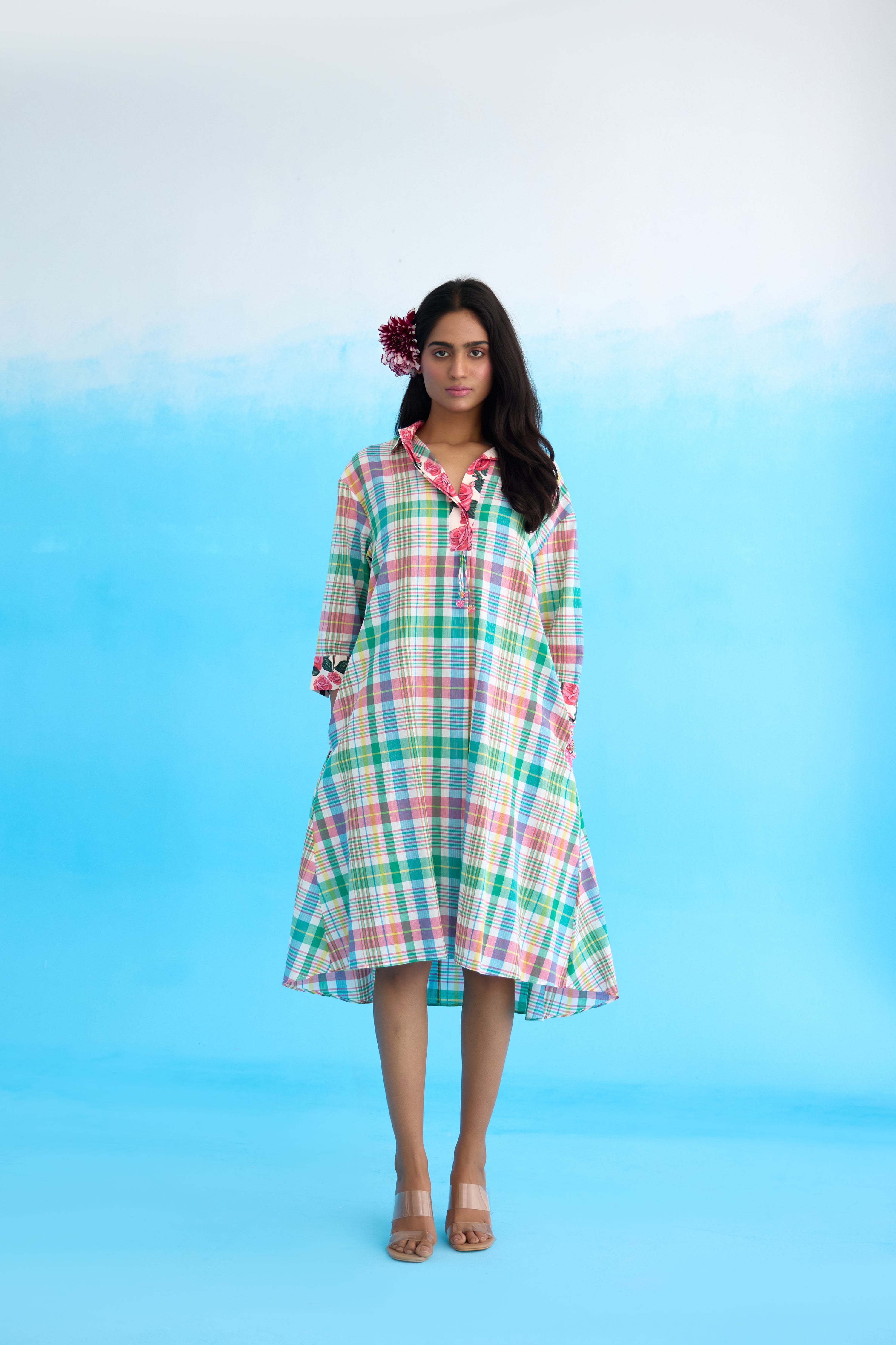 Blue madras checks a-line dress