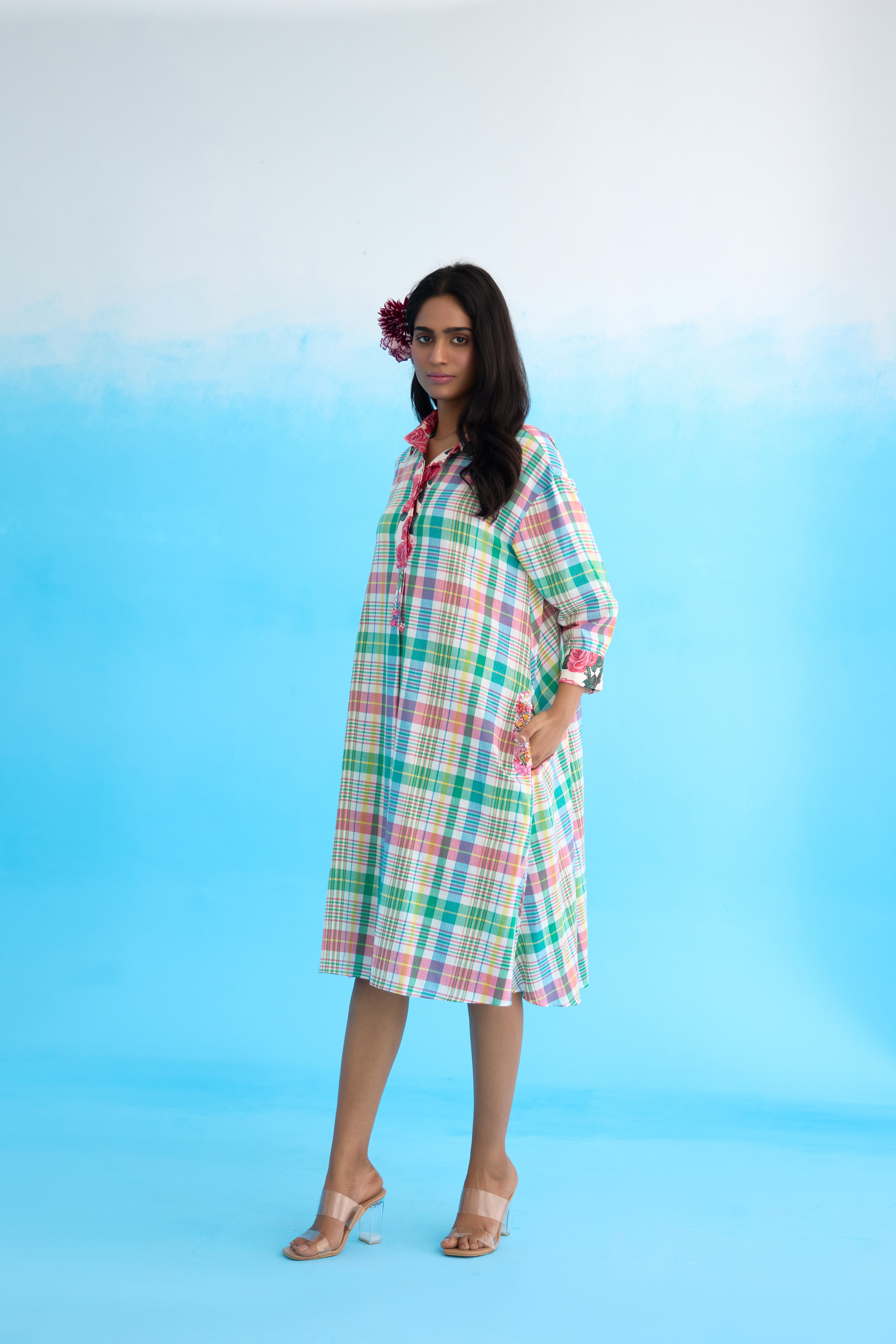 Blue madras checks a-line dress