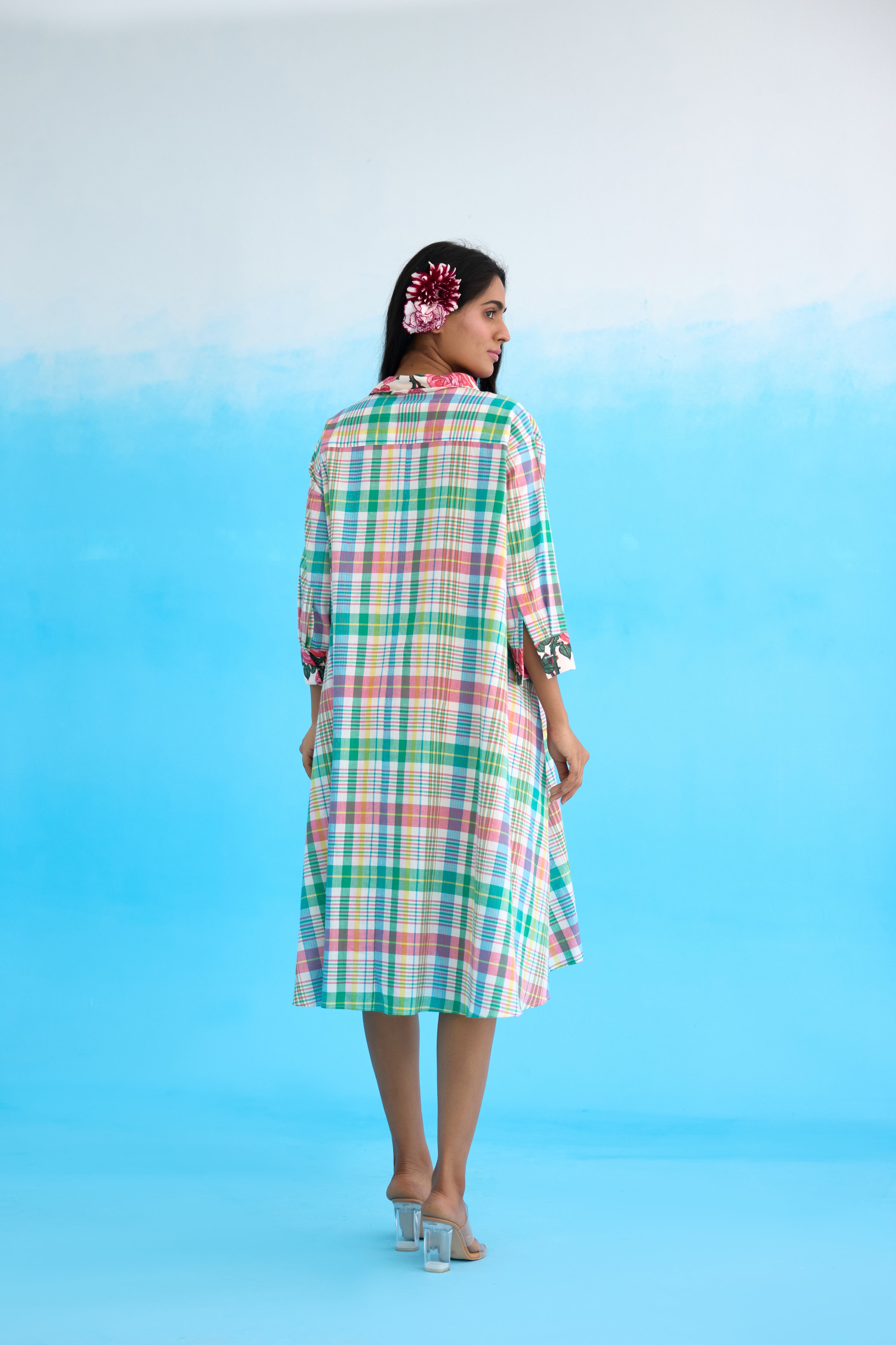 Blue madras checks a-line dress