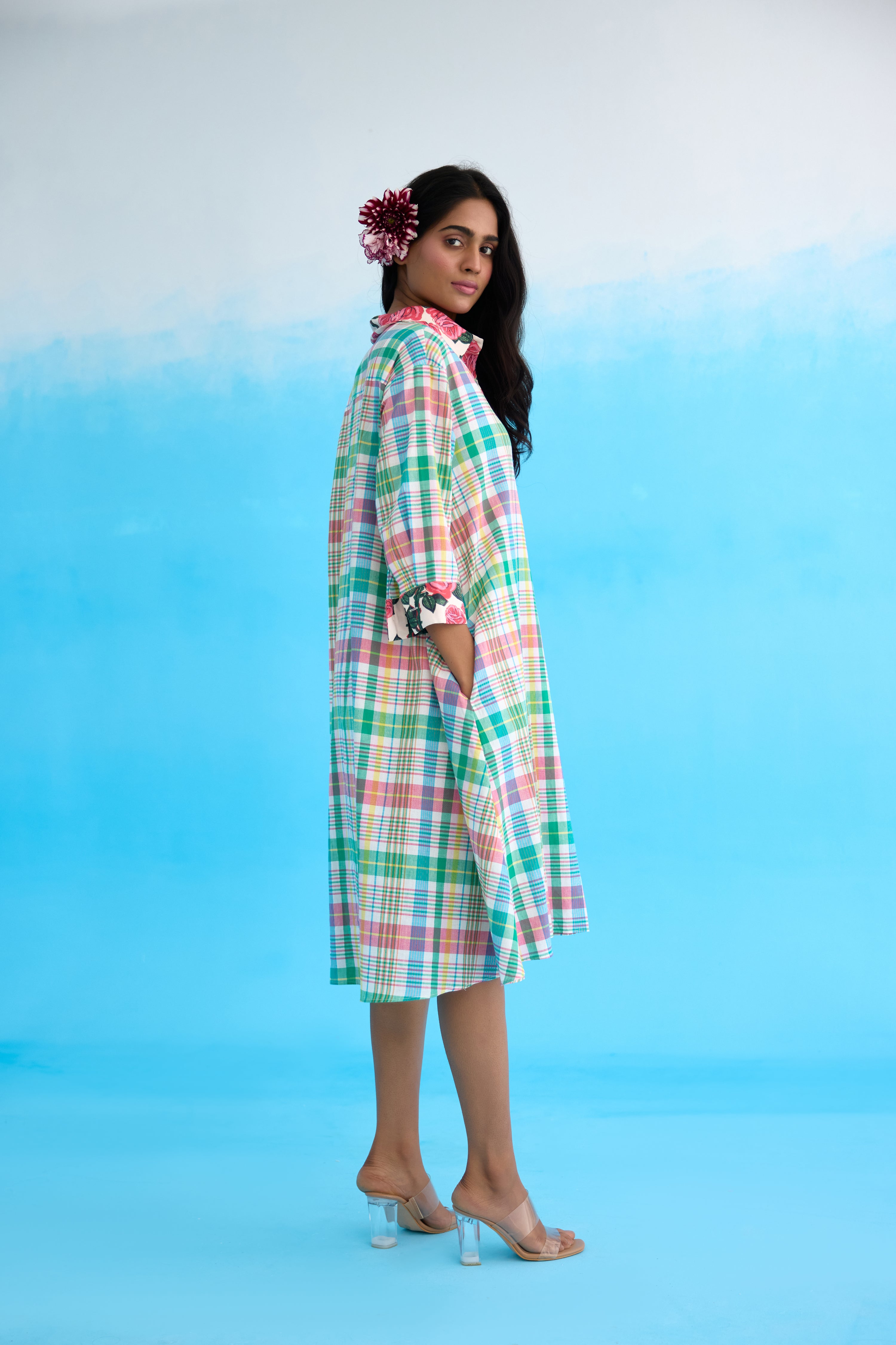 Blue madras checks a-line dress