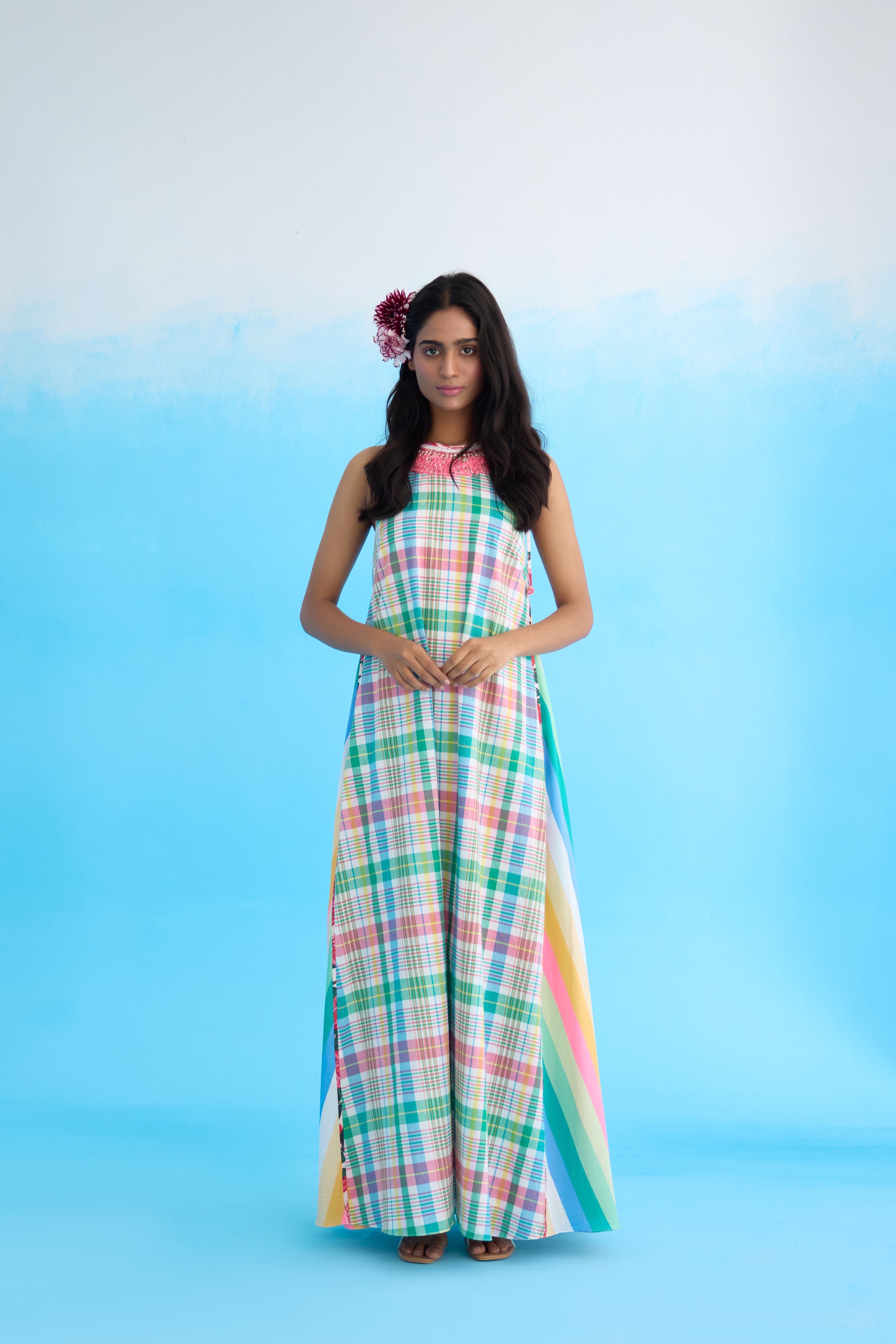 Blue madras checks maxi dress