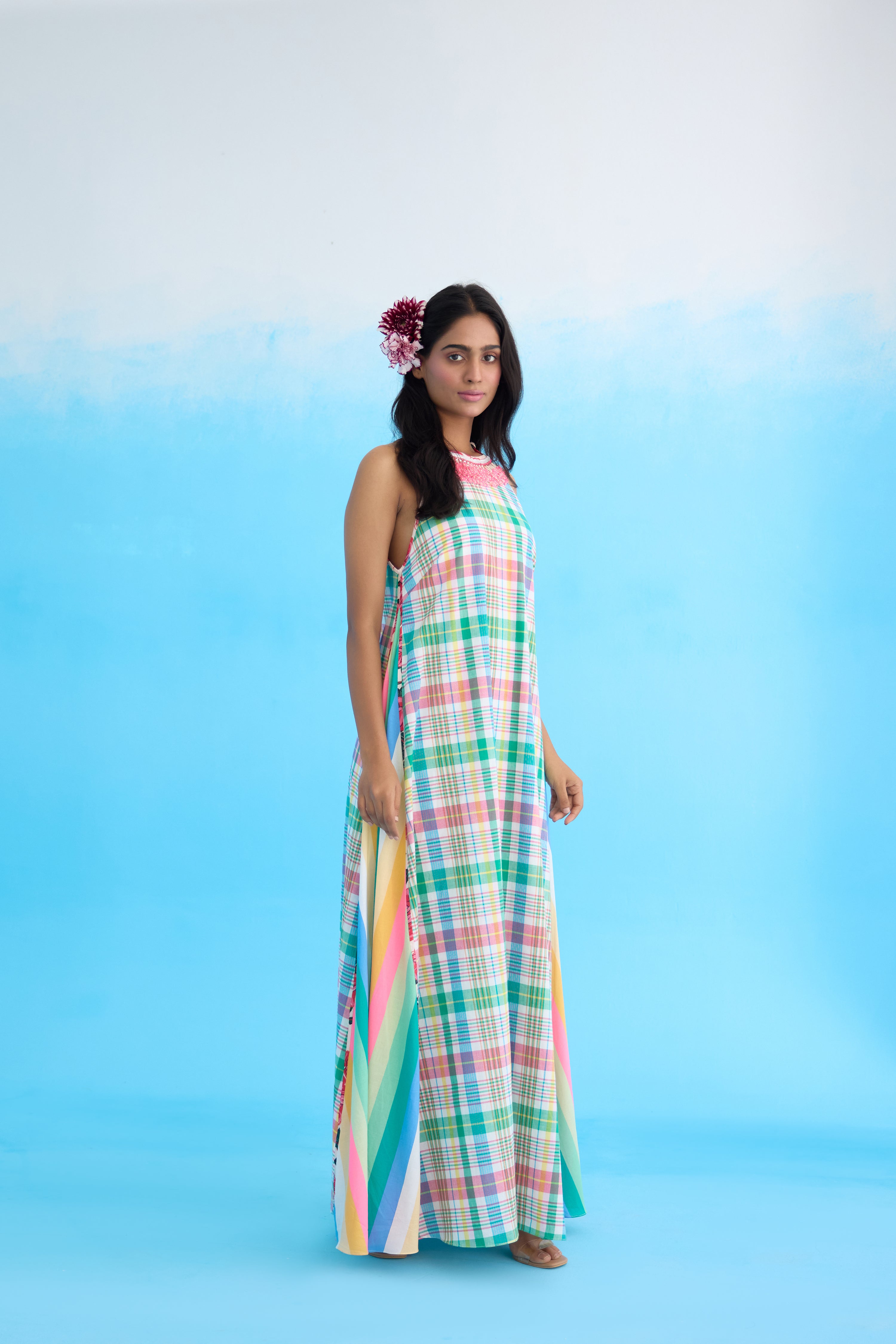 Blue madras checks maxi dress
