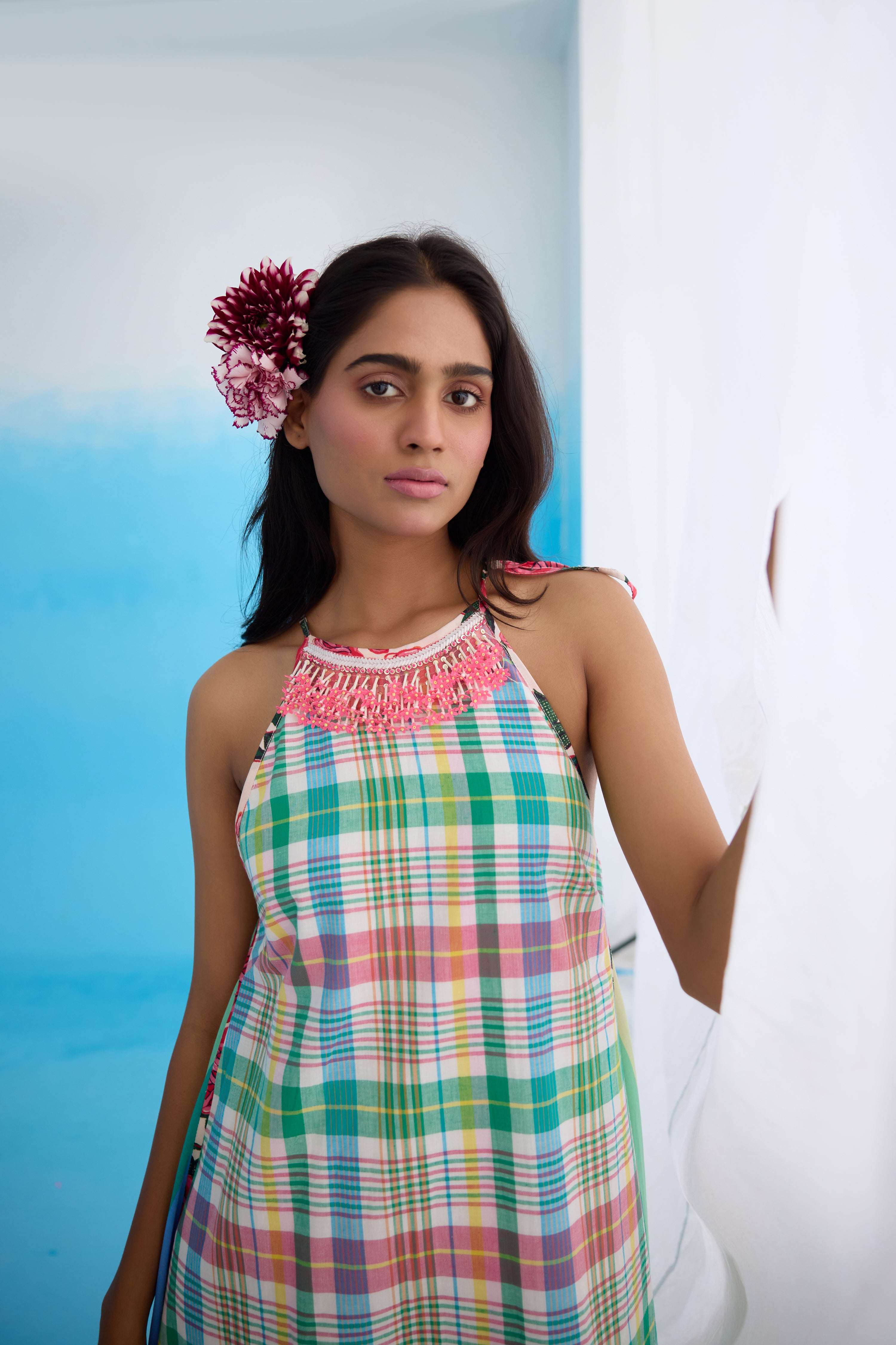 Blue madras checks maxi dress