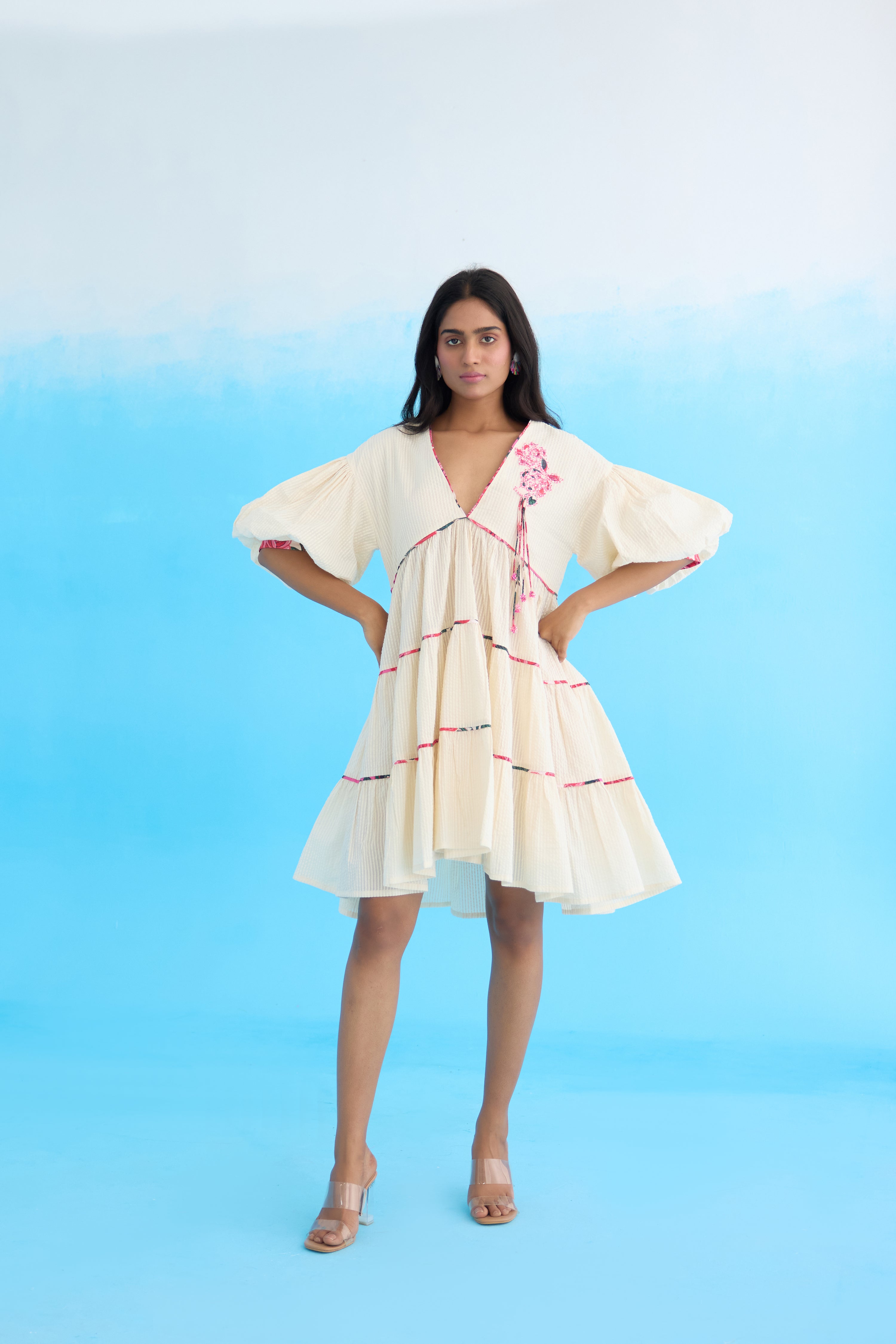Cream bubble sleeves tier dress