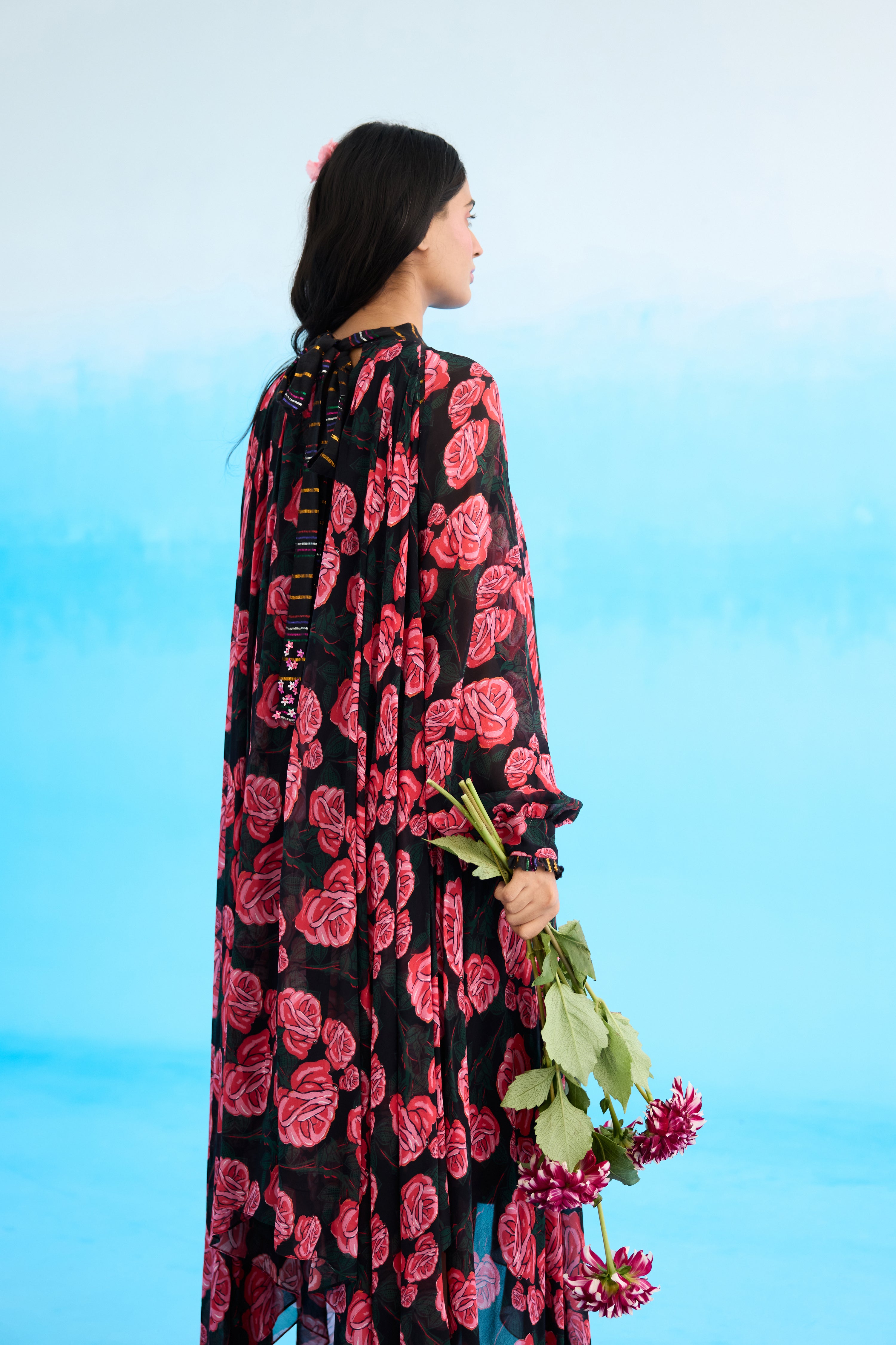 Black rose asymmetrical dress