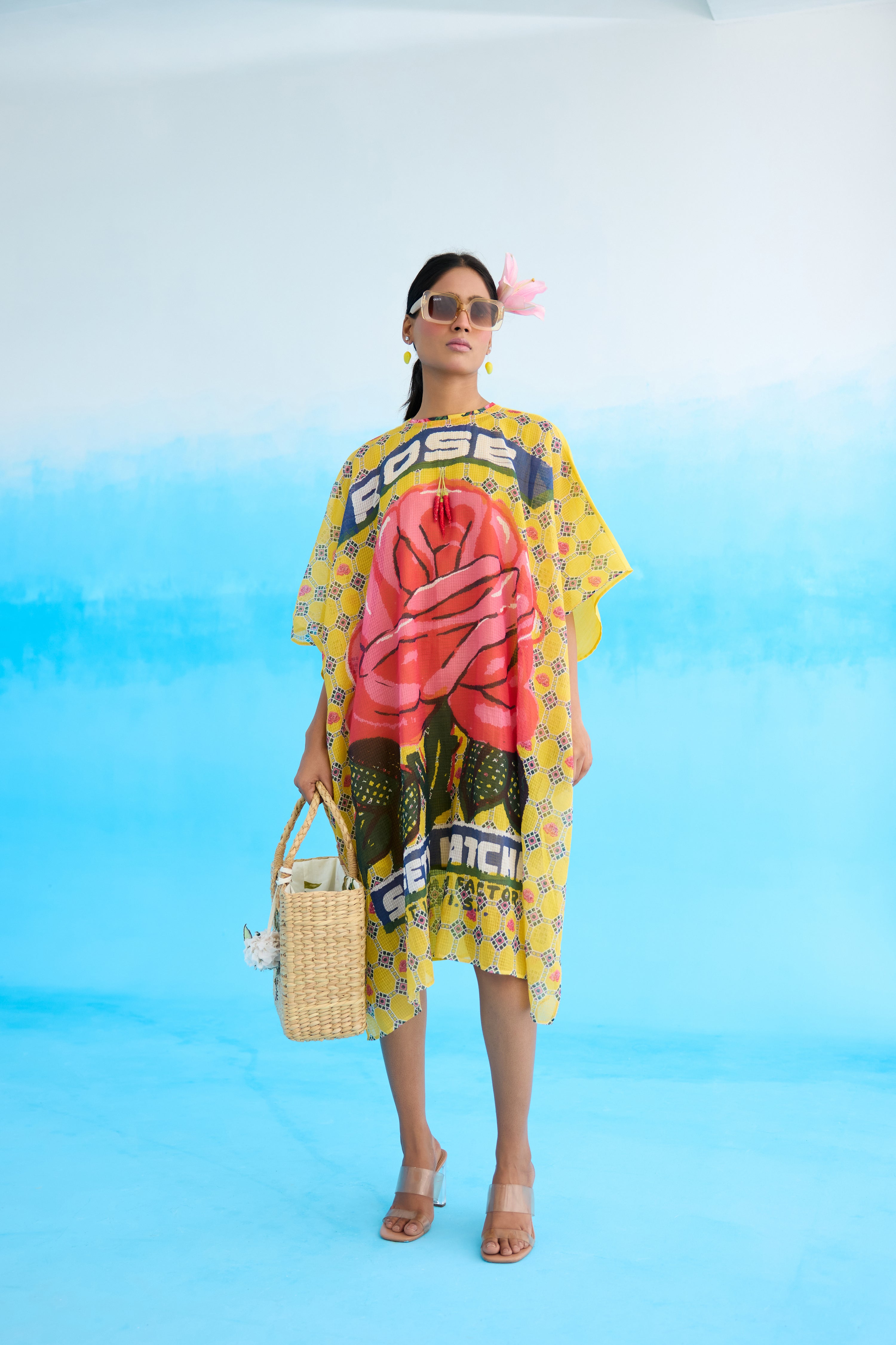 Yellow big rose short kaftan