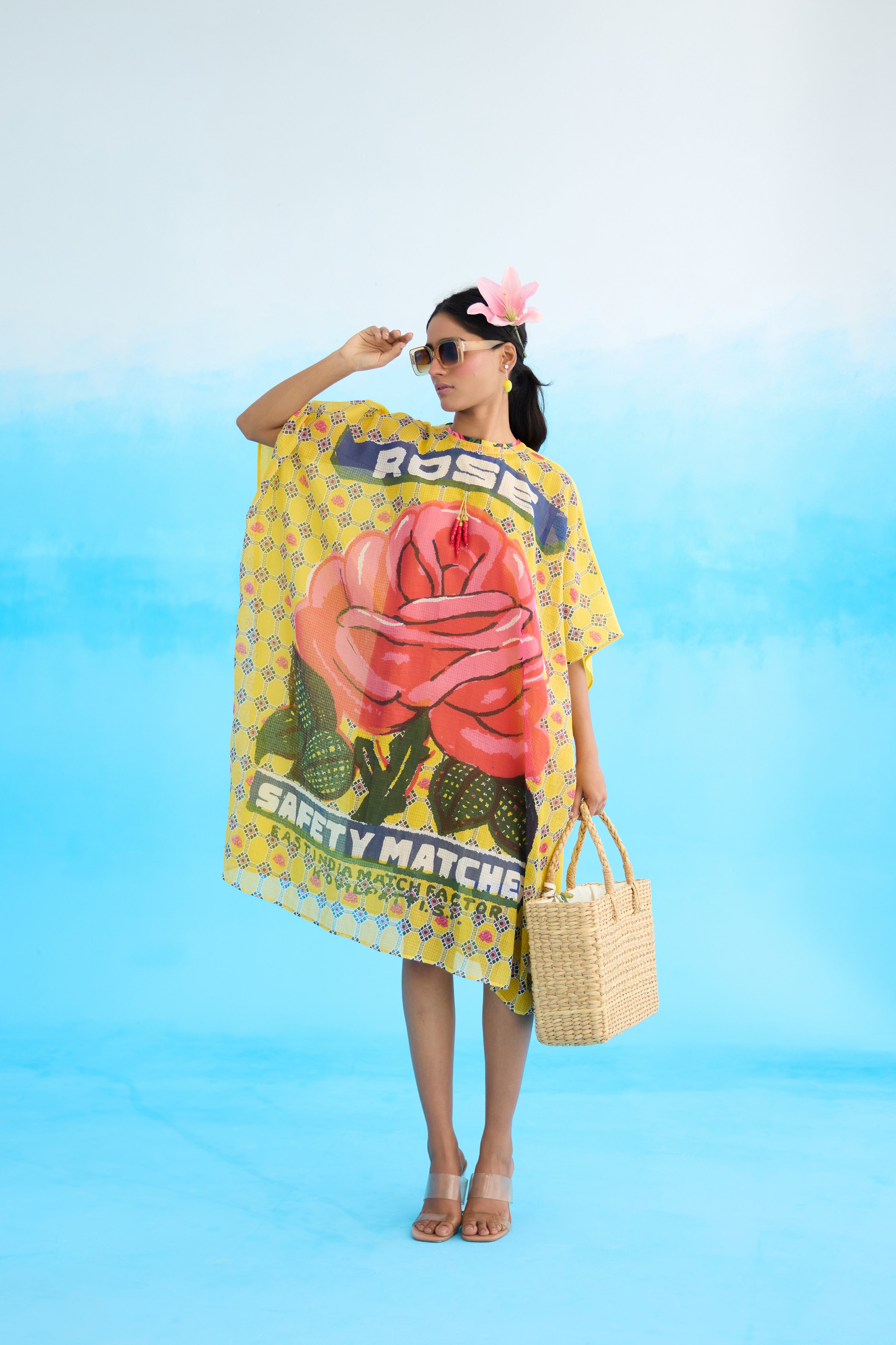 Yellow big rose short kaftan