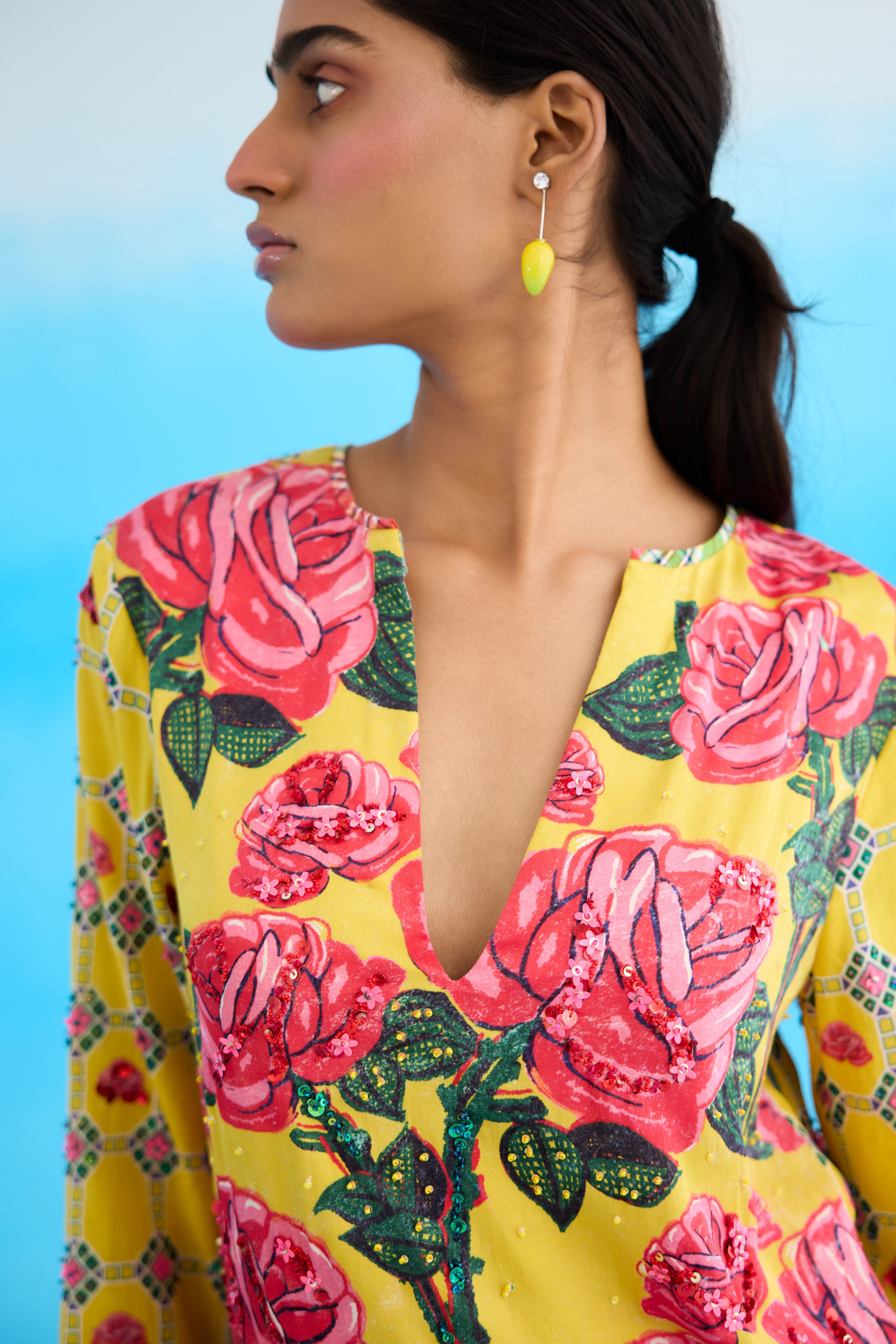 Yellow rose embroidered kurti