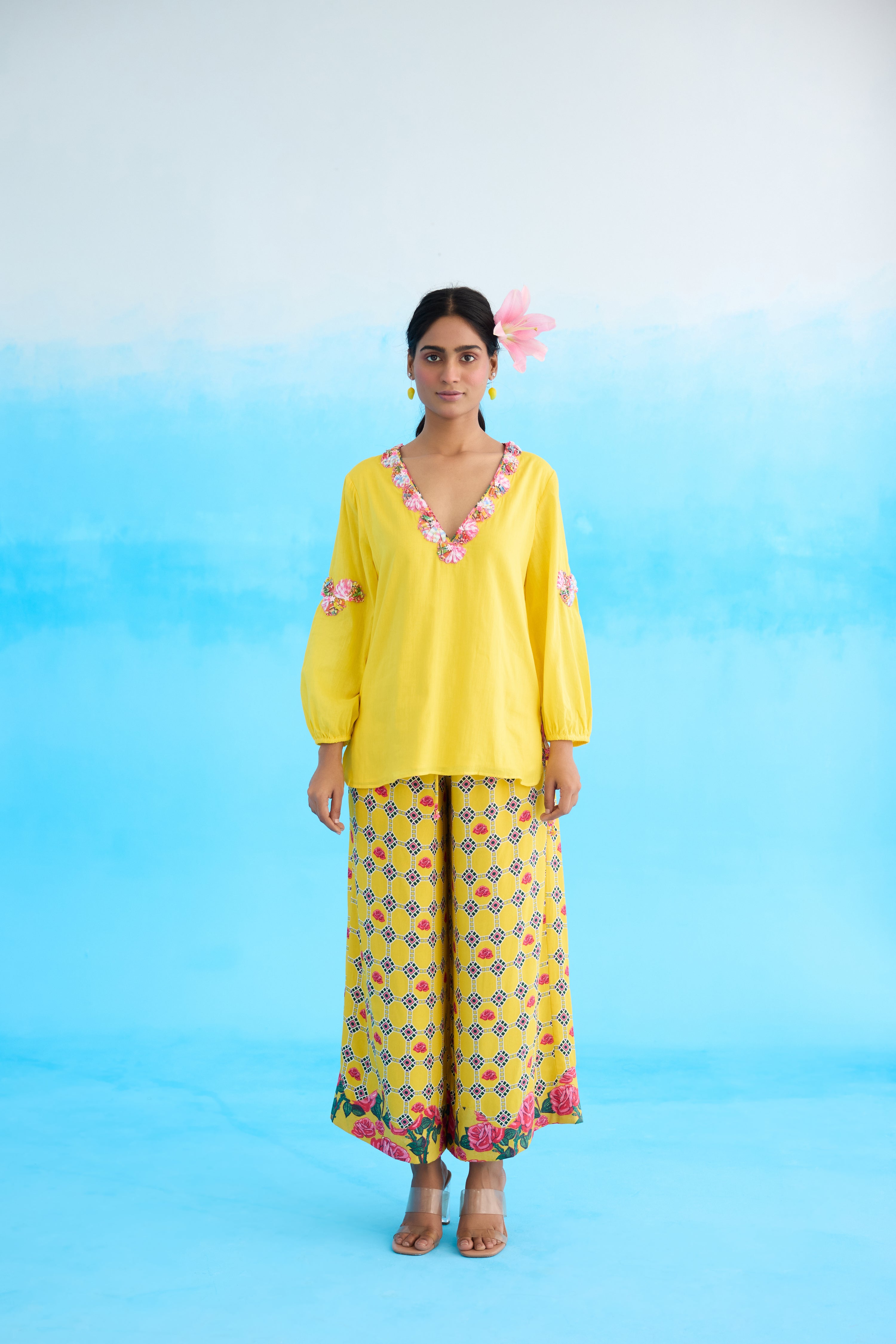 Yellow ribbon embroidered kurti