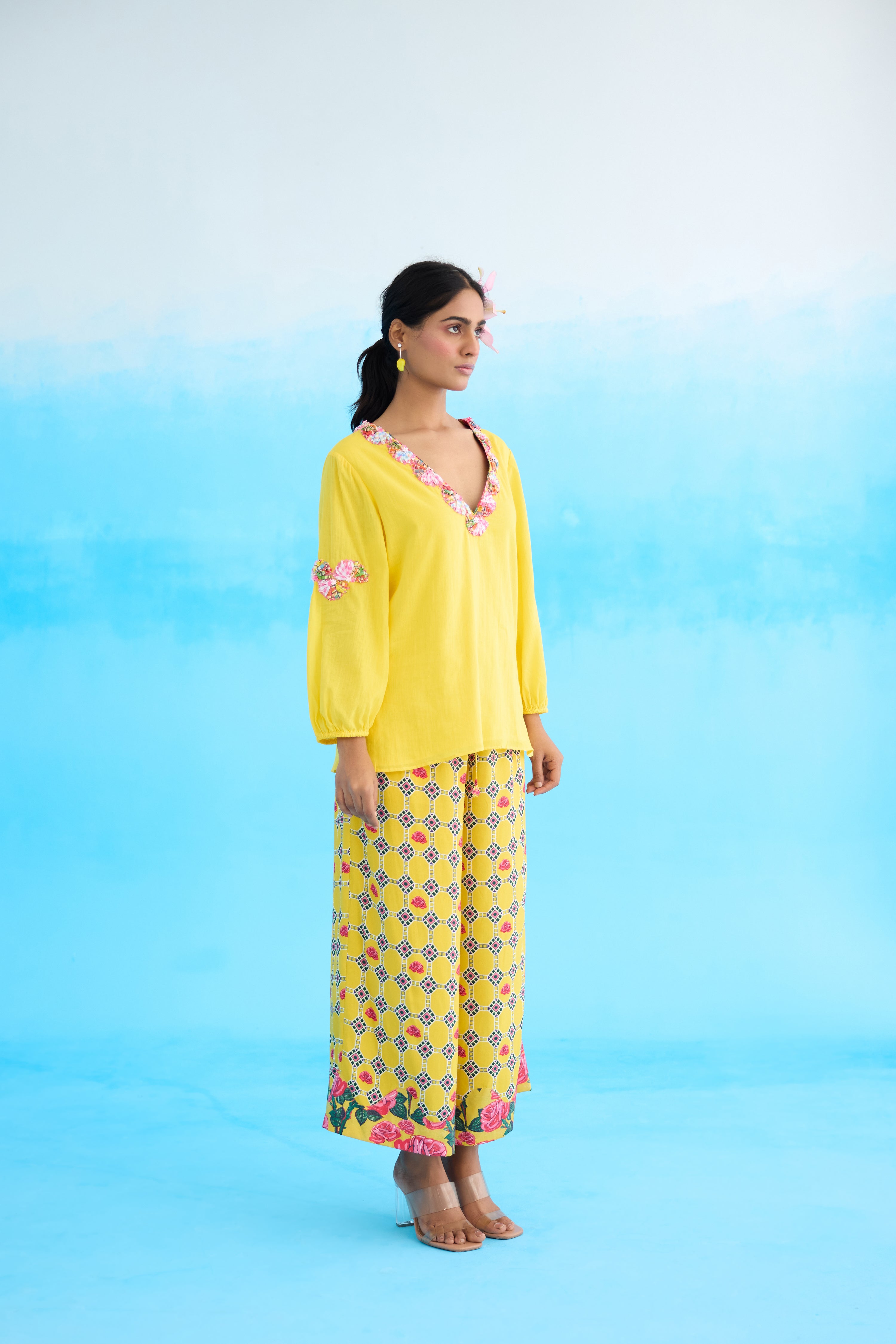 Yellow ribbon embroidered kurti