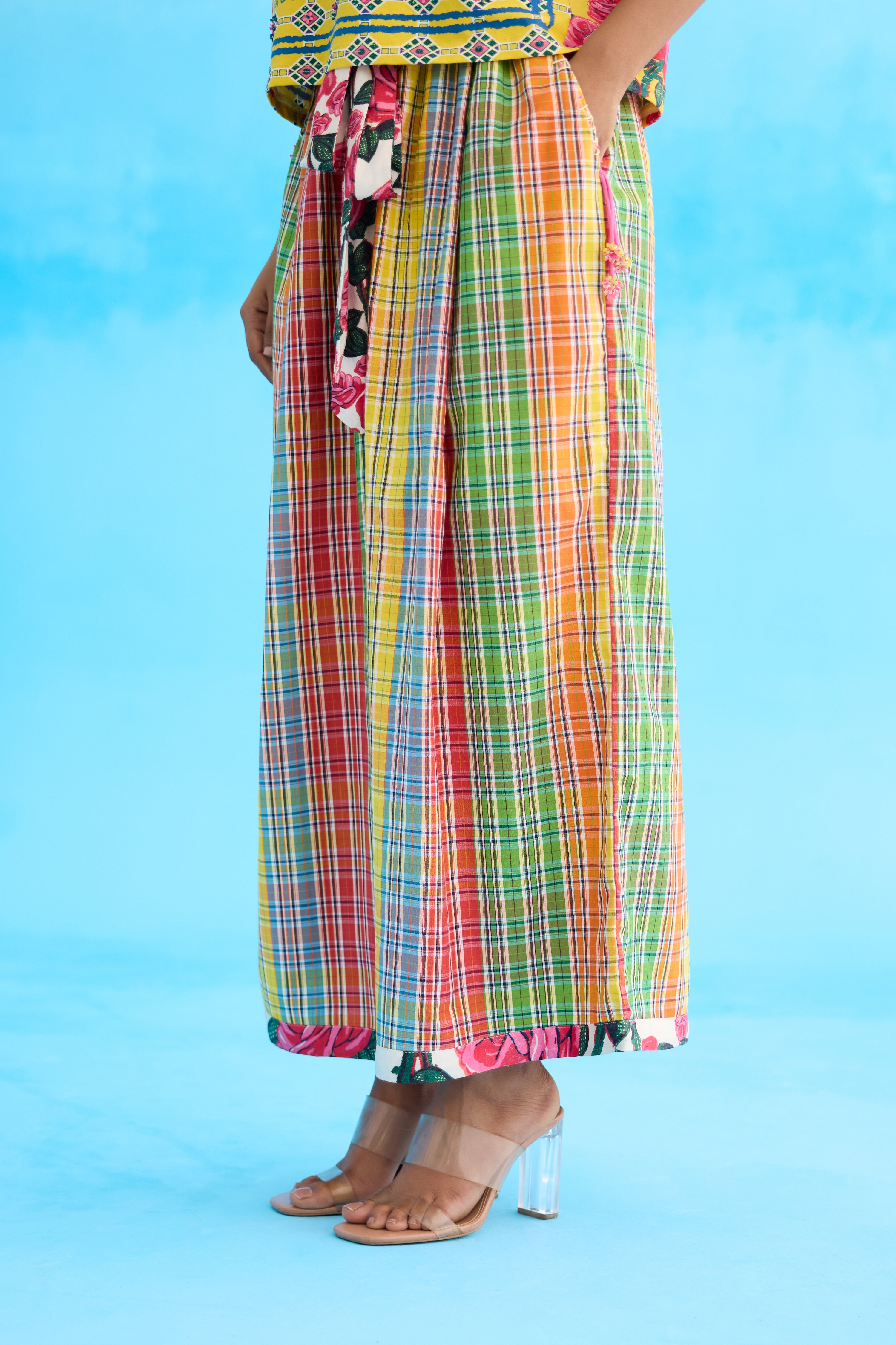 Yellow madras checks wide leg pants