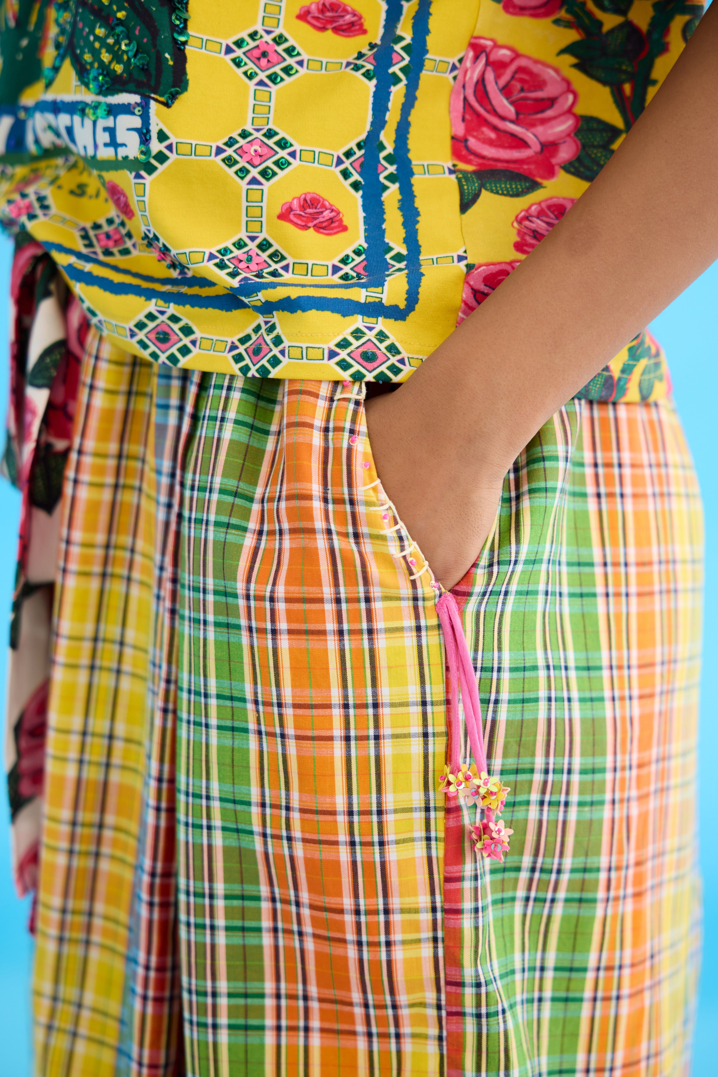 Yellow madras checks wide leg pants