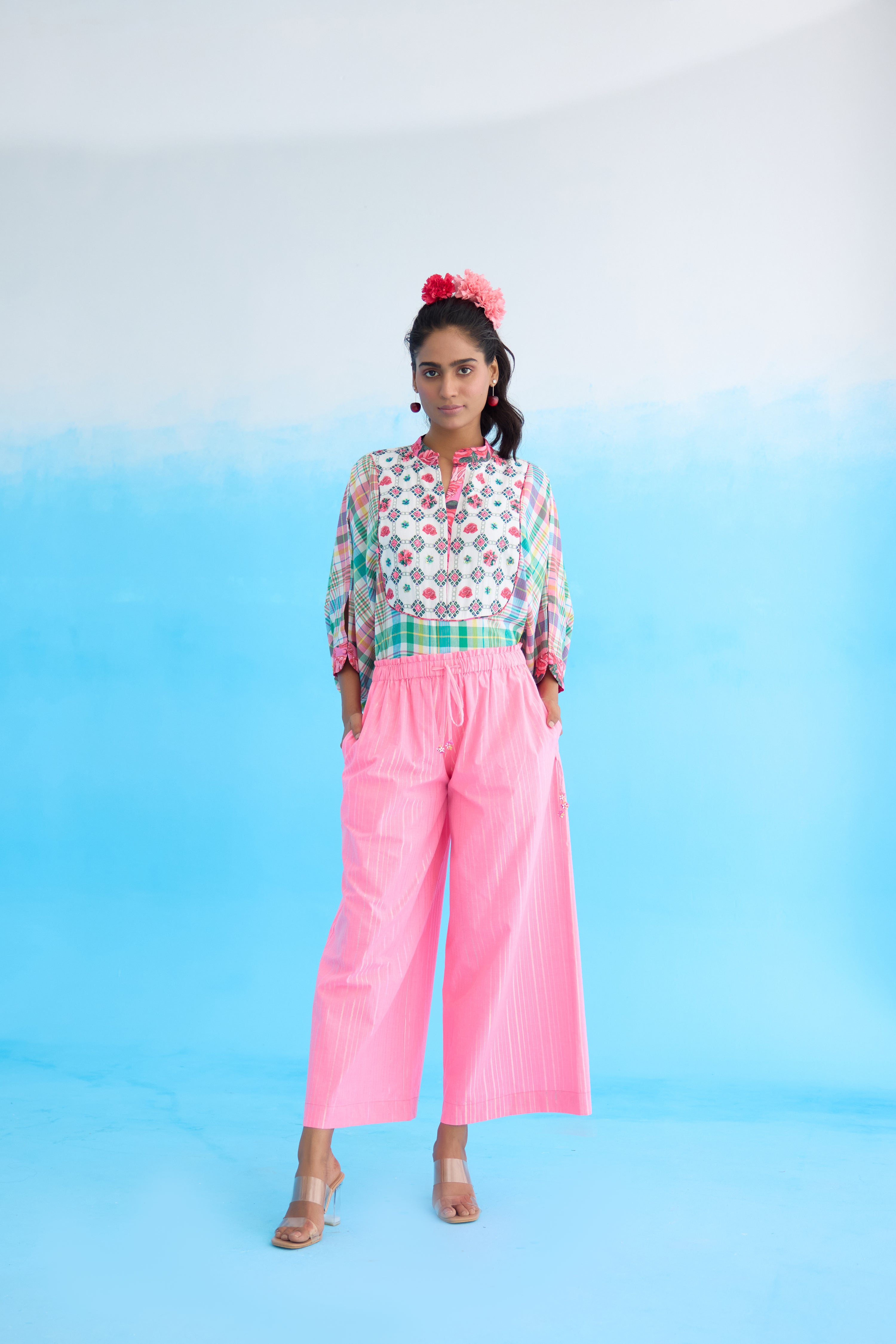 Pink stripes wide leg pants