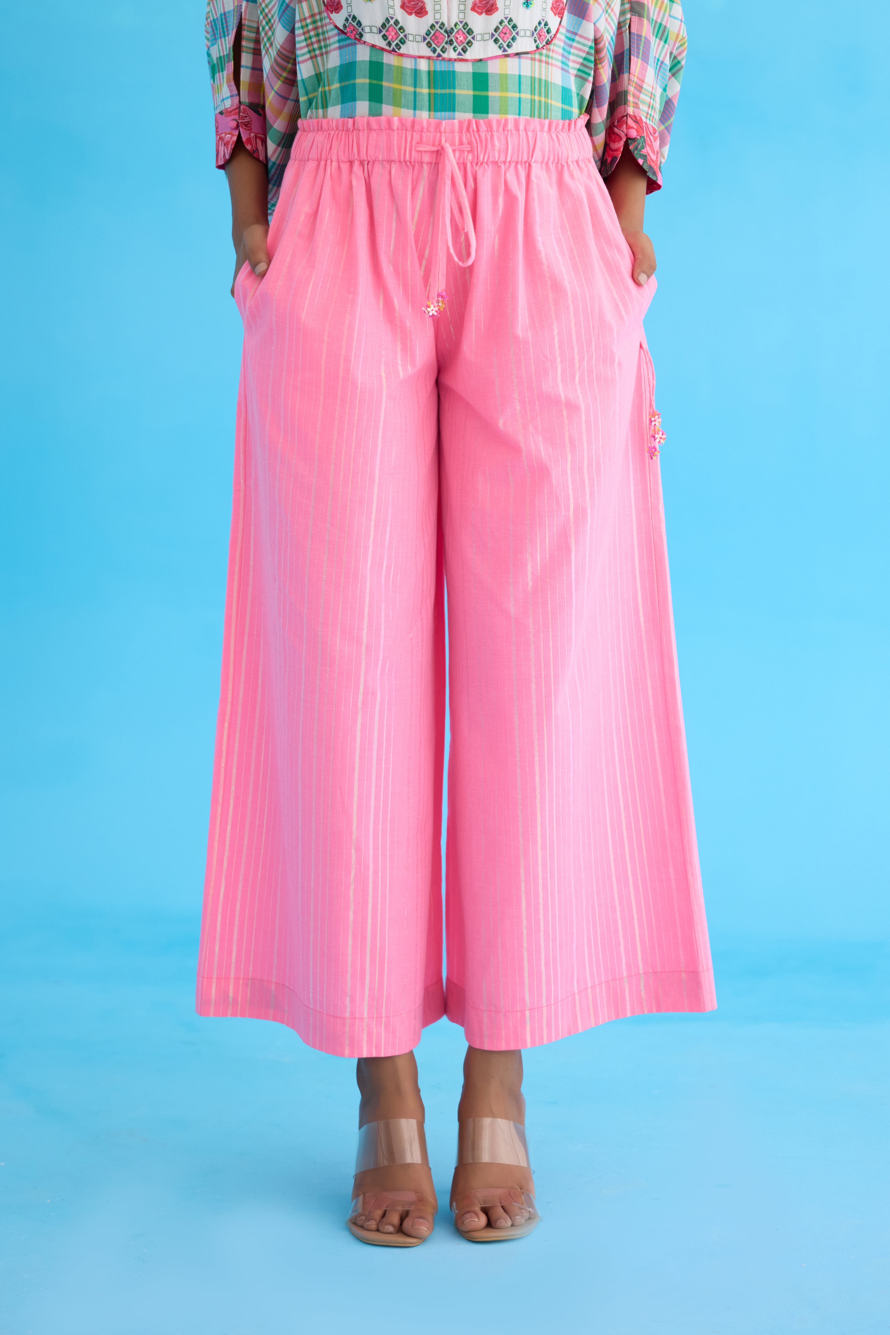 Pink stripes wide leg pants