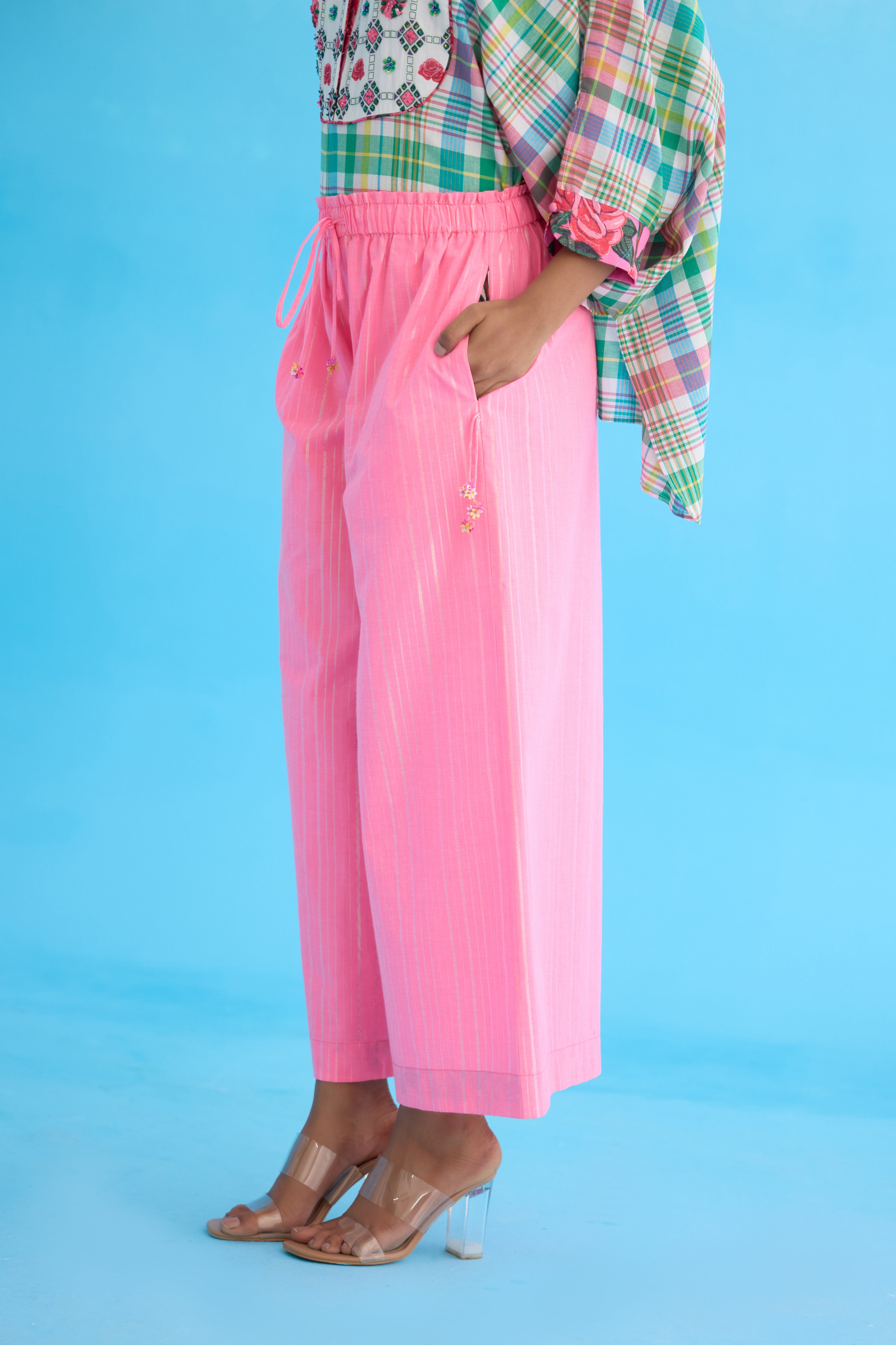 Pink stripes wide leg pants