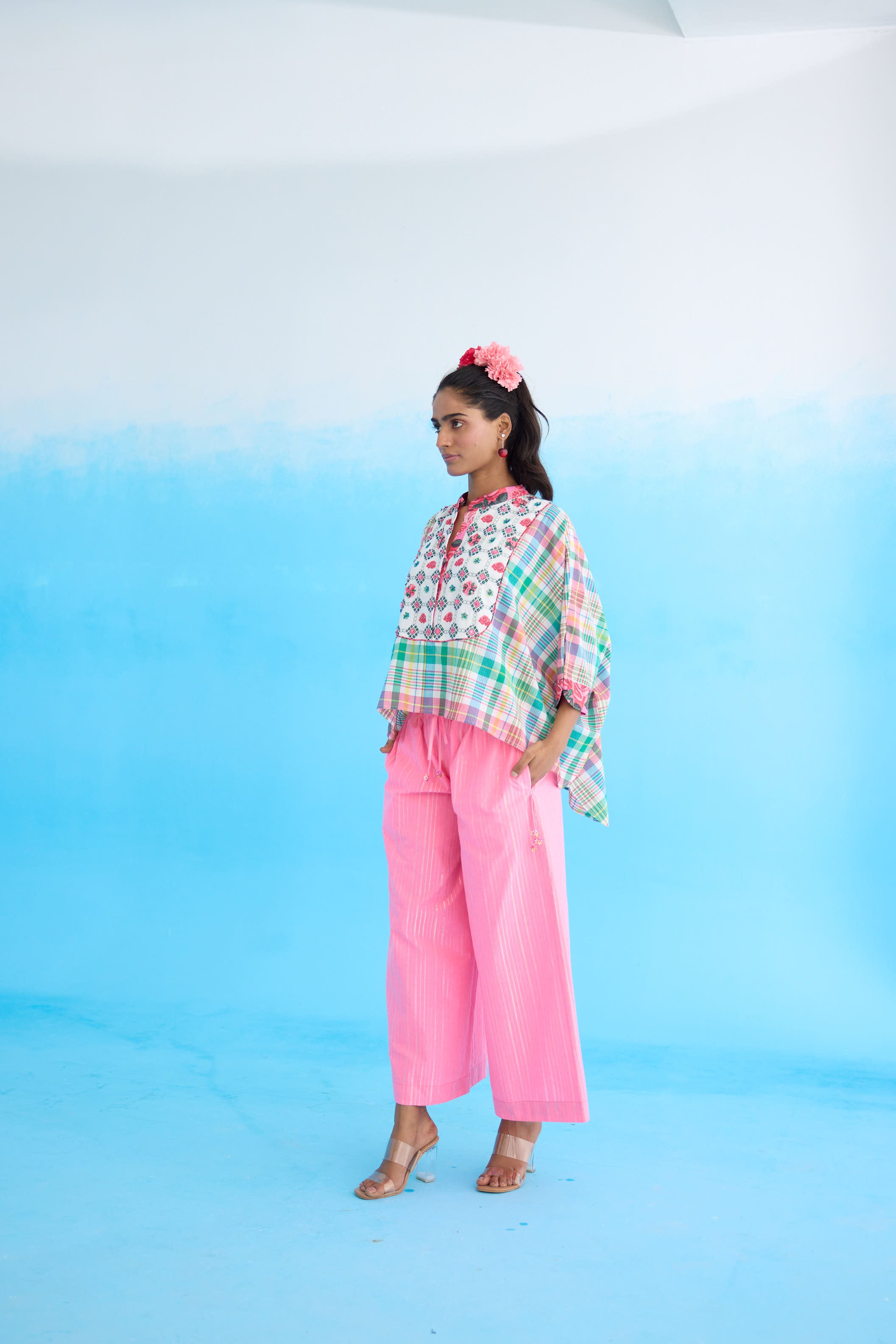 Blue madras checks hi-low top