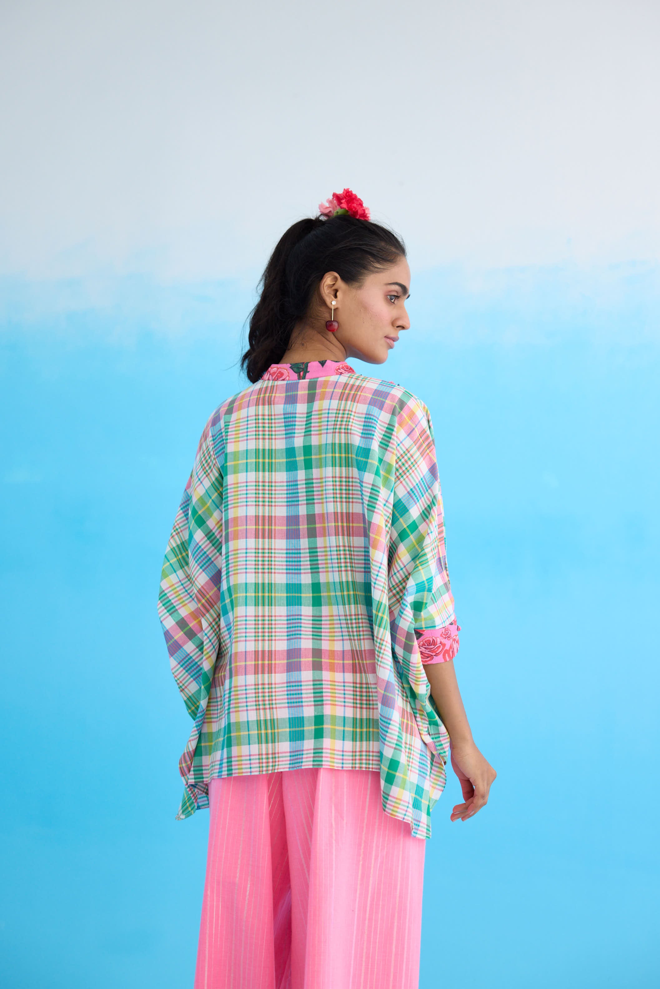 Blue madras checks hi-low top