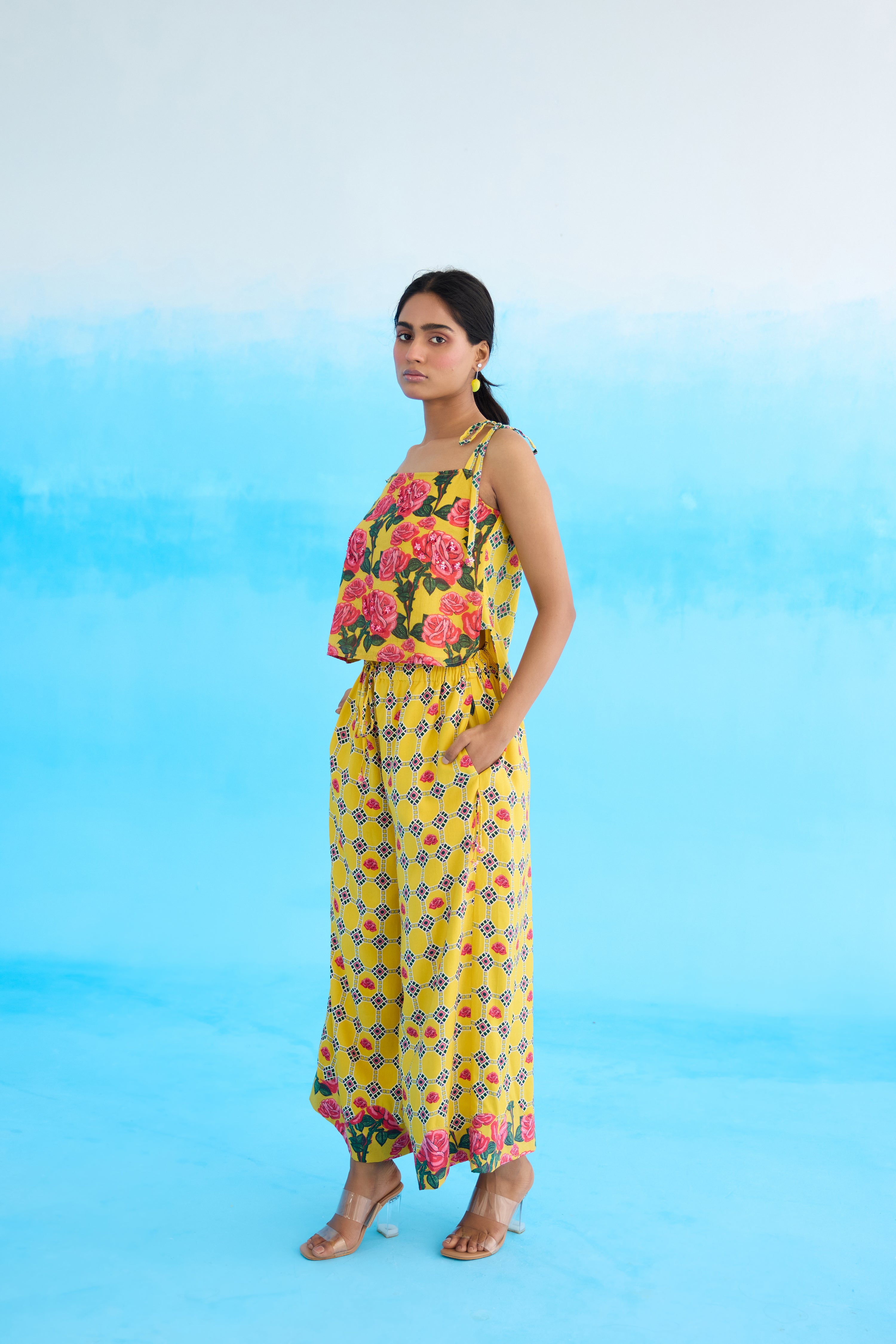 Yellow rose hi-low strappy top