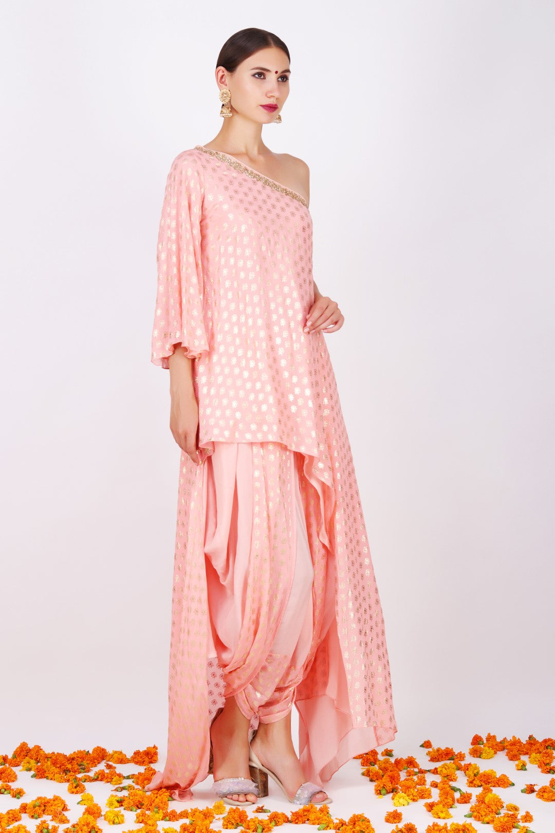 Rose pink crepe lotus foil printed one off shoulder with rose pink crepe cowl dhoti