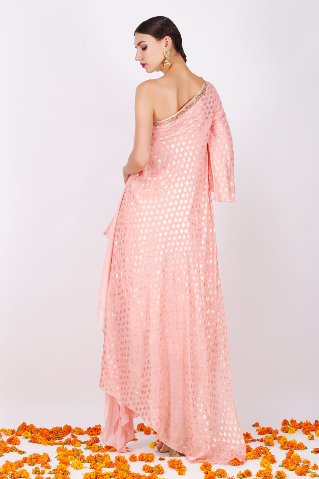 Rose pink crepe lotus foil printed one off shoulder with rose pink crepe cowl dhoti