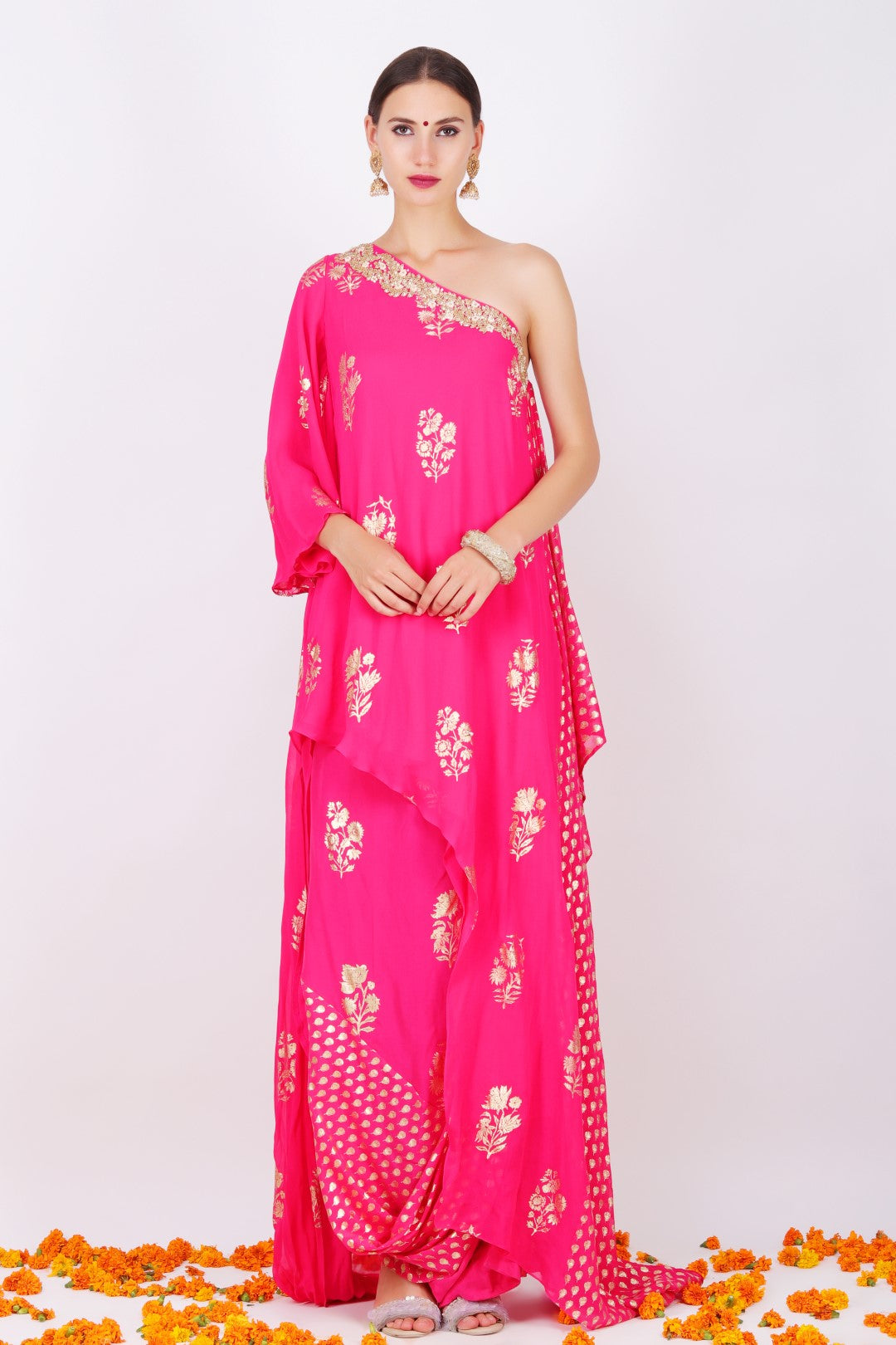 Rani pink georgette jaipuri guldasta foil printed one off shoulder with foil printed crepe cowl skirt