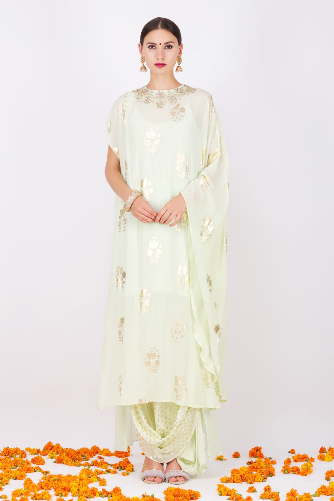 Pista crepe foil printed one shoulder kaftan tunic with crepe cowl skirt .