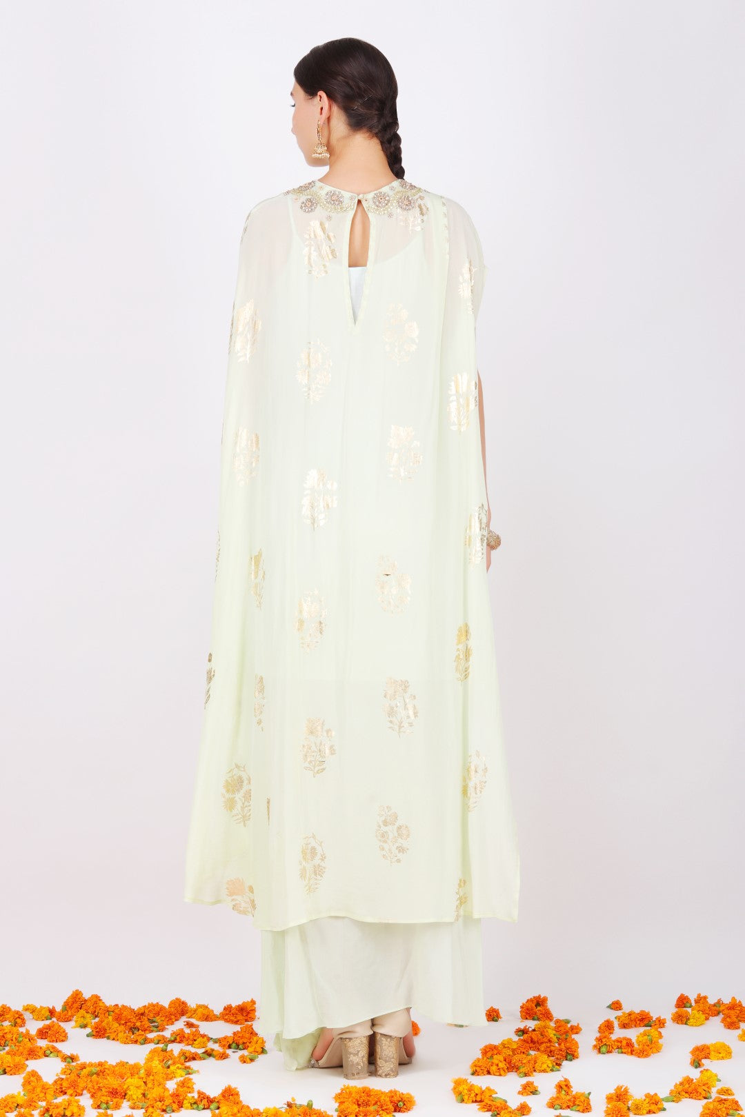 Pista crepe foil printed one shoulder kaftan tunic with crepe cowl skirt .