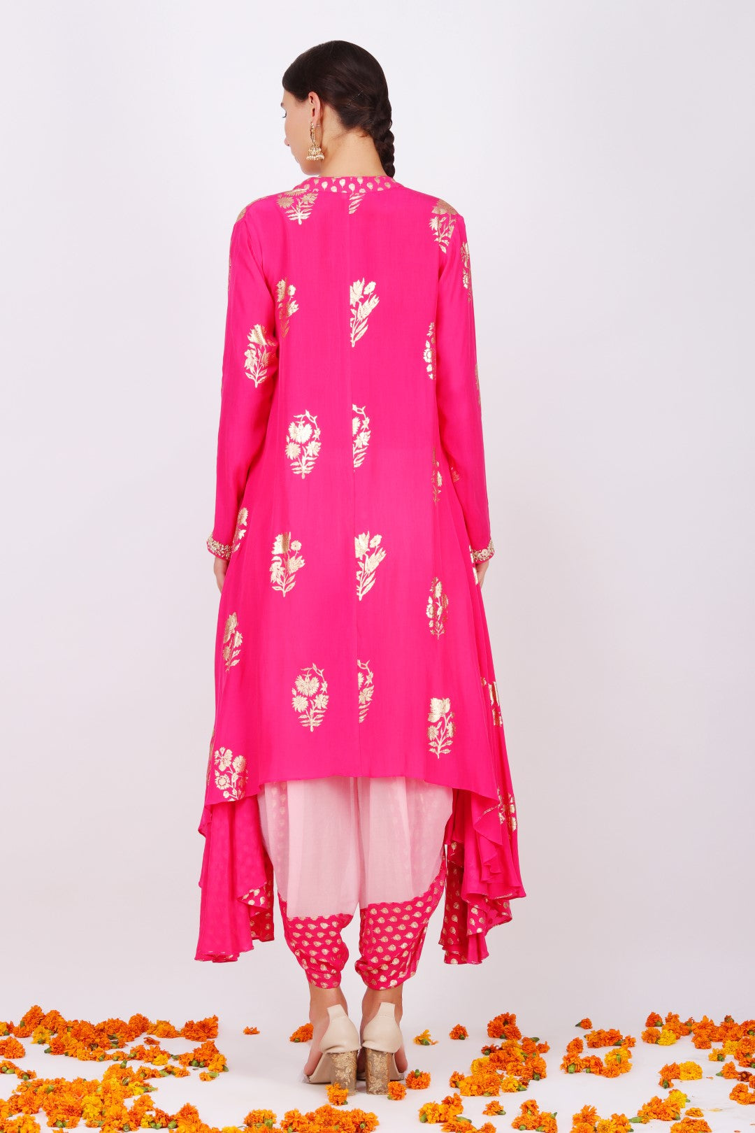 Rani pink crepe jaipuri guldasta foil printed asymmetrical tunic with rose pink georgette cowl dhoti .